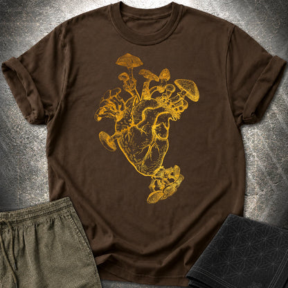 Mushroom Heart Gold T-Shirt - Mushroom Heart Gold T-Shirt - Dark Chocolate