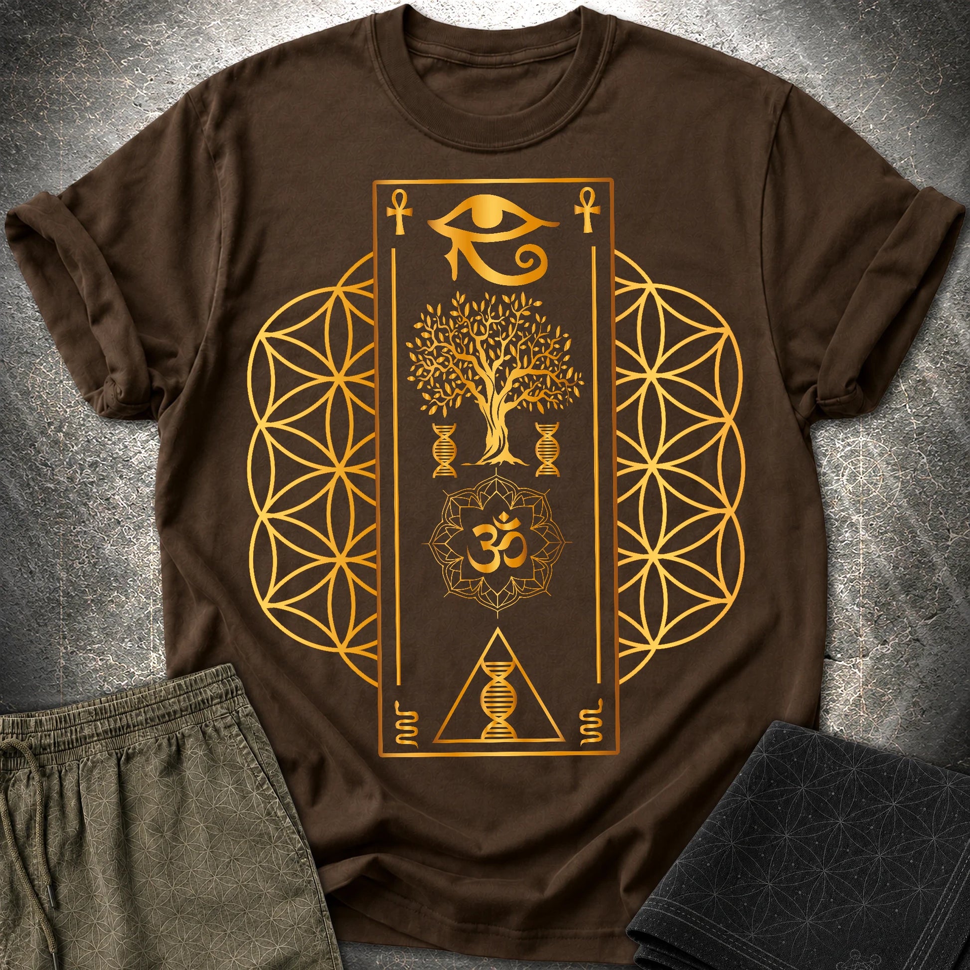 Flower Of Life Horus Egypt T-Shirt - Flower Of Life Horus Egypt T-Shirt - Dark Chocolate