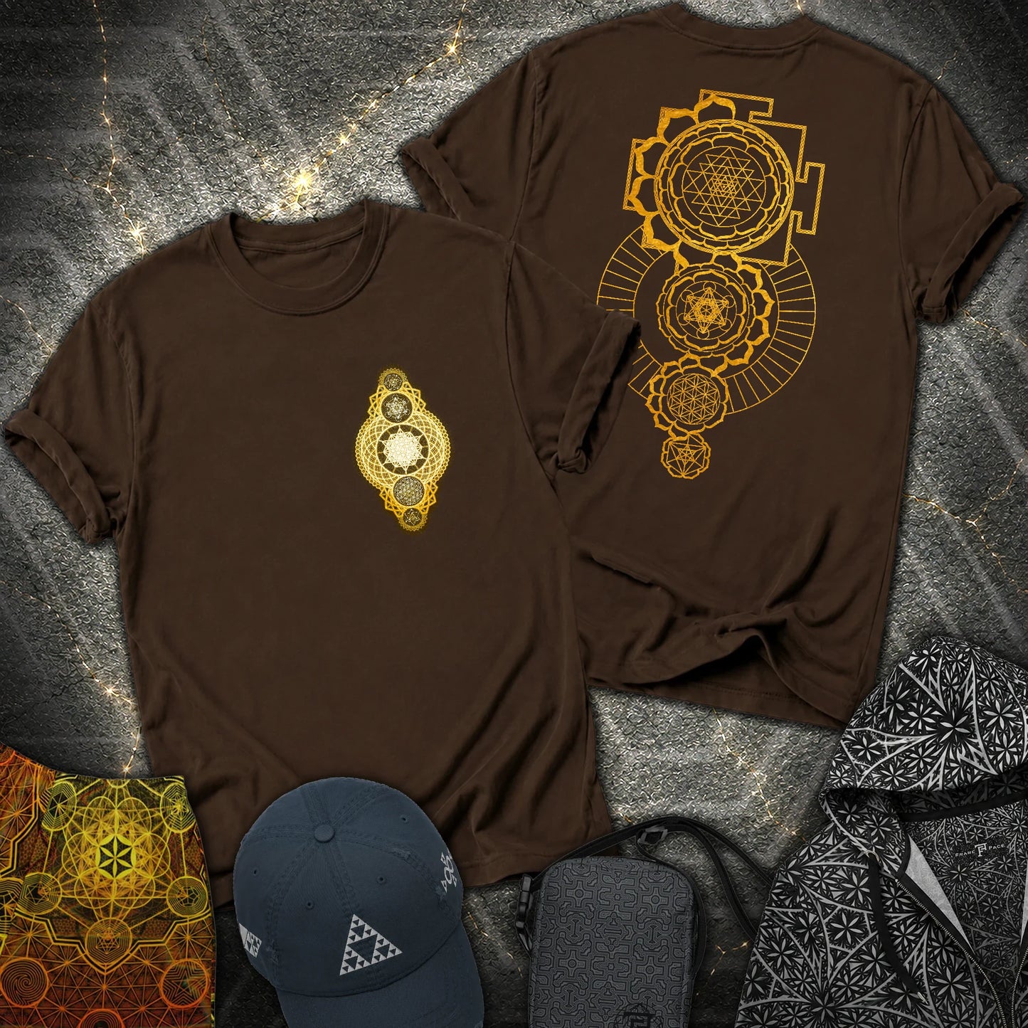 Gold Sacred Geometry Sri Yantra 2 Sided T-Shirt - Gold Sacred Geometry Sri Yantra 2 Sided T-Shirt - Dark Chocolate