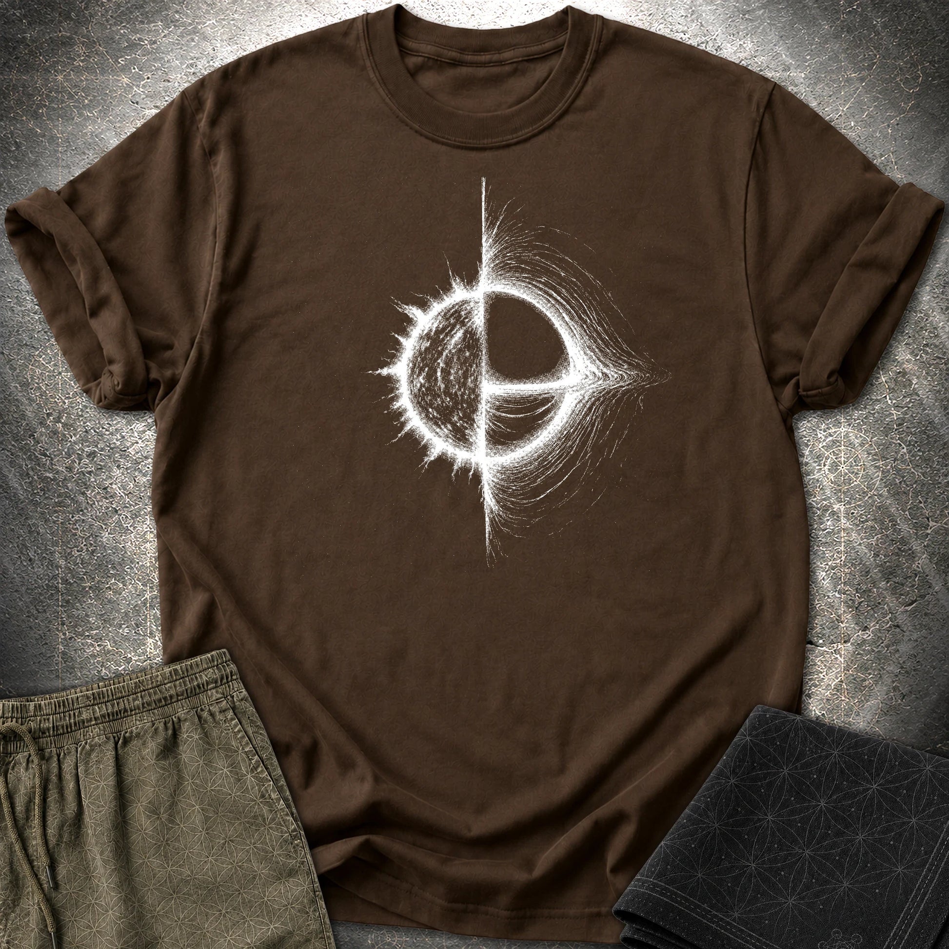 Cosmic Duality T-Shirt, Star and Black Hole Shirt, Space Symbol Graphic Tee - Cosmic Duality T-Shirt, Star and Black Hole Shirt, Space Symbol Graphic Tee - Dark Chocolate
