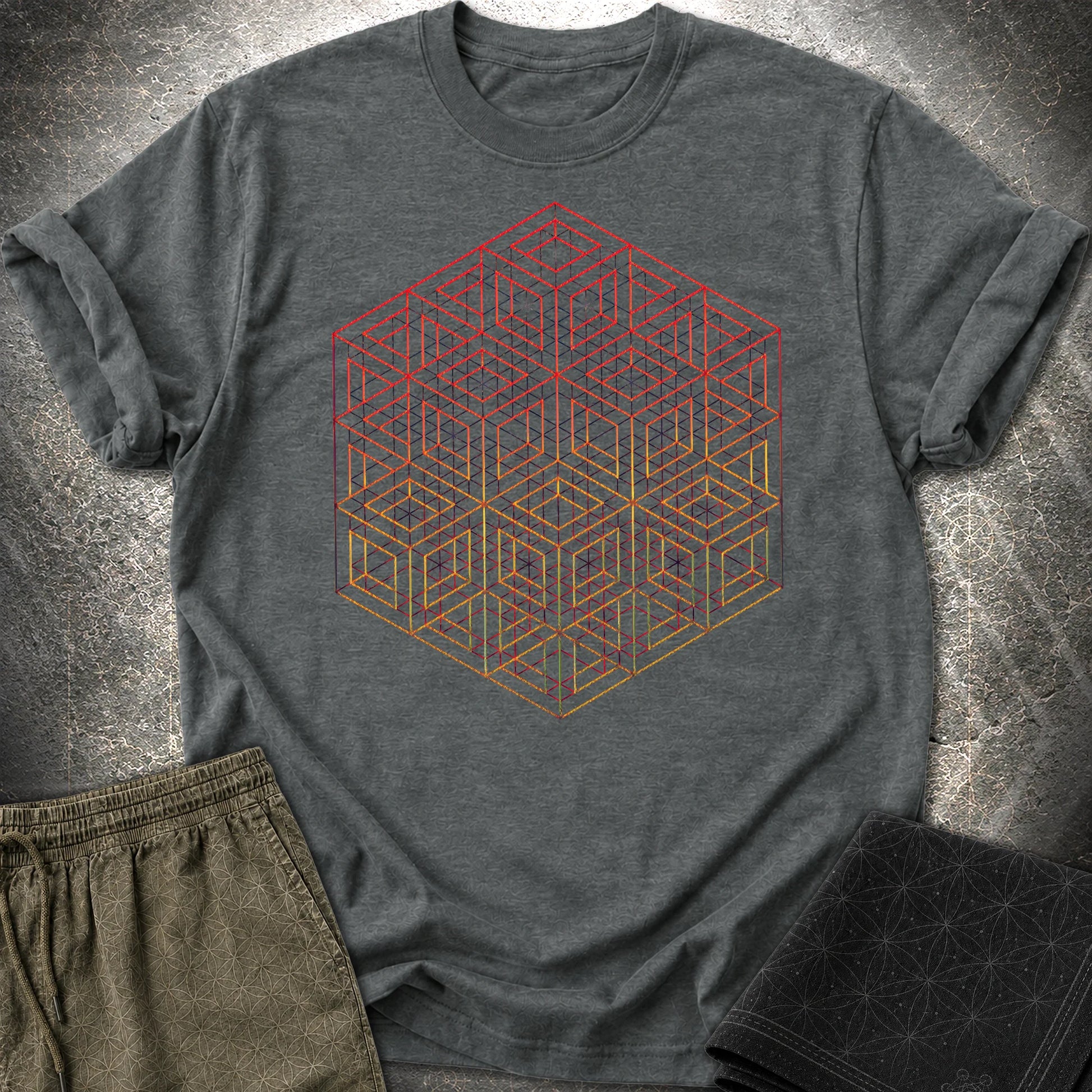 3D Wireframe Cube T-Shirt - 3D Wireframe Cube T-Shirt - Dark Heather