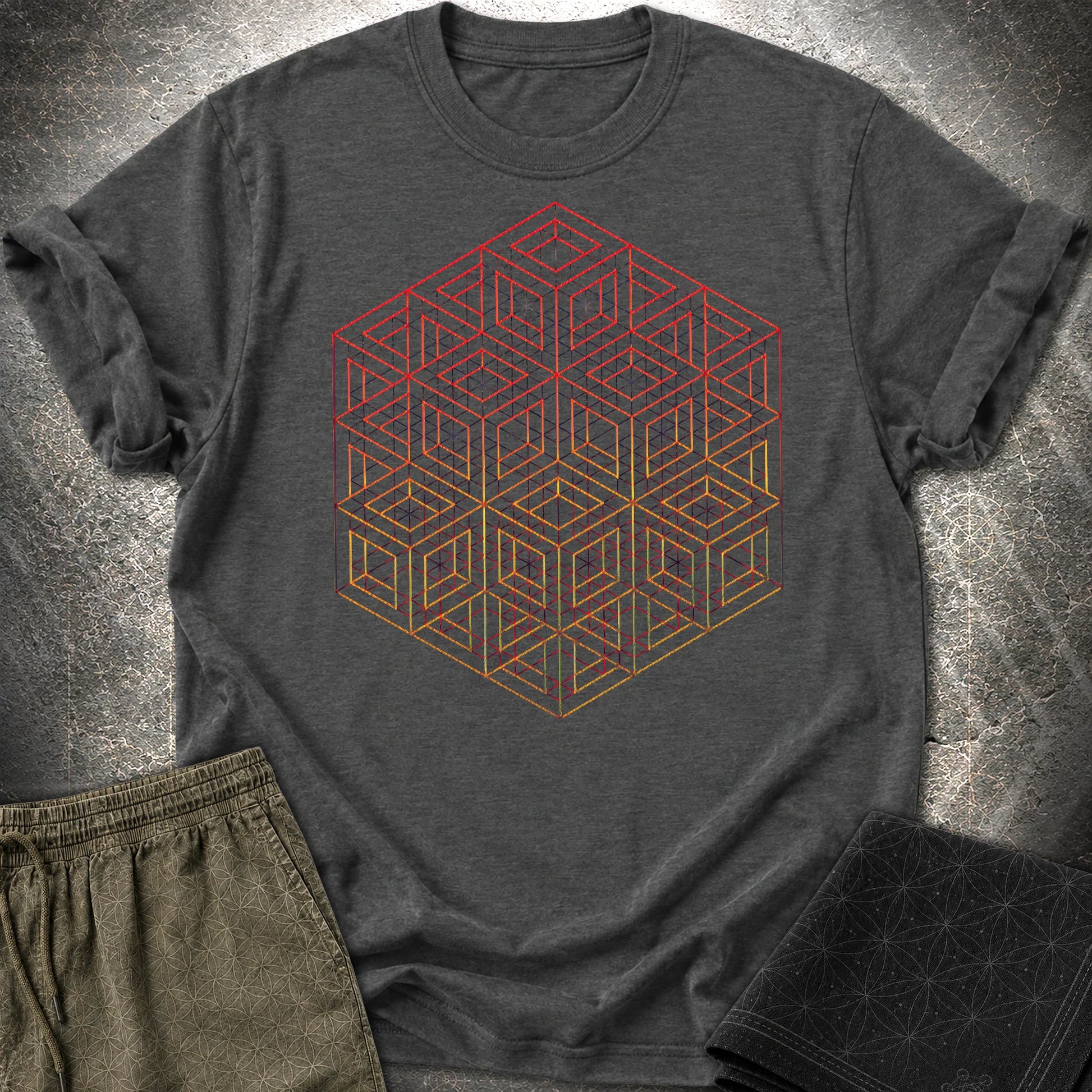 3D Wireframe Cube T-Shirt - 3D Wireframe Cube T-Shirt - Dark Heather Grey