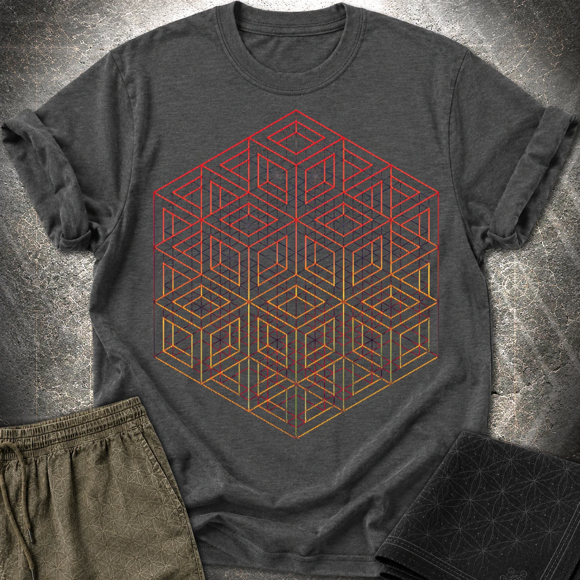 3D Wireframe Cube T-Shirt - 3D Wireframe Cube T-Shirt - Dark Heather Grey