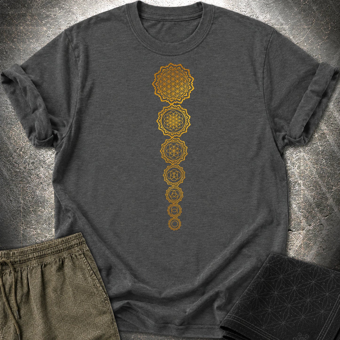 Gold Flower Of lIfe Chakras T-Shirt - Gold Flower Of lIfe Chakras T-Shirt - Dark Heather Grey