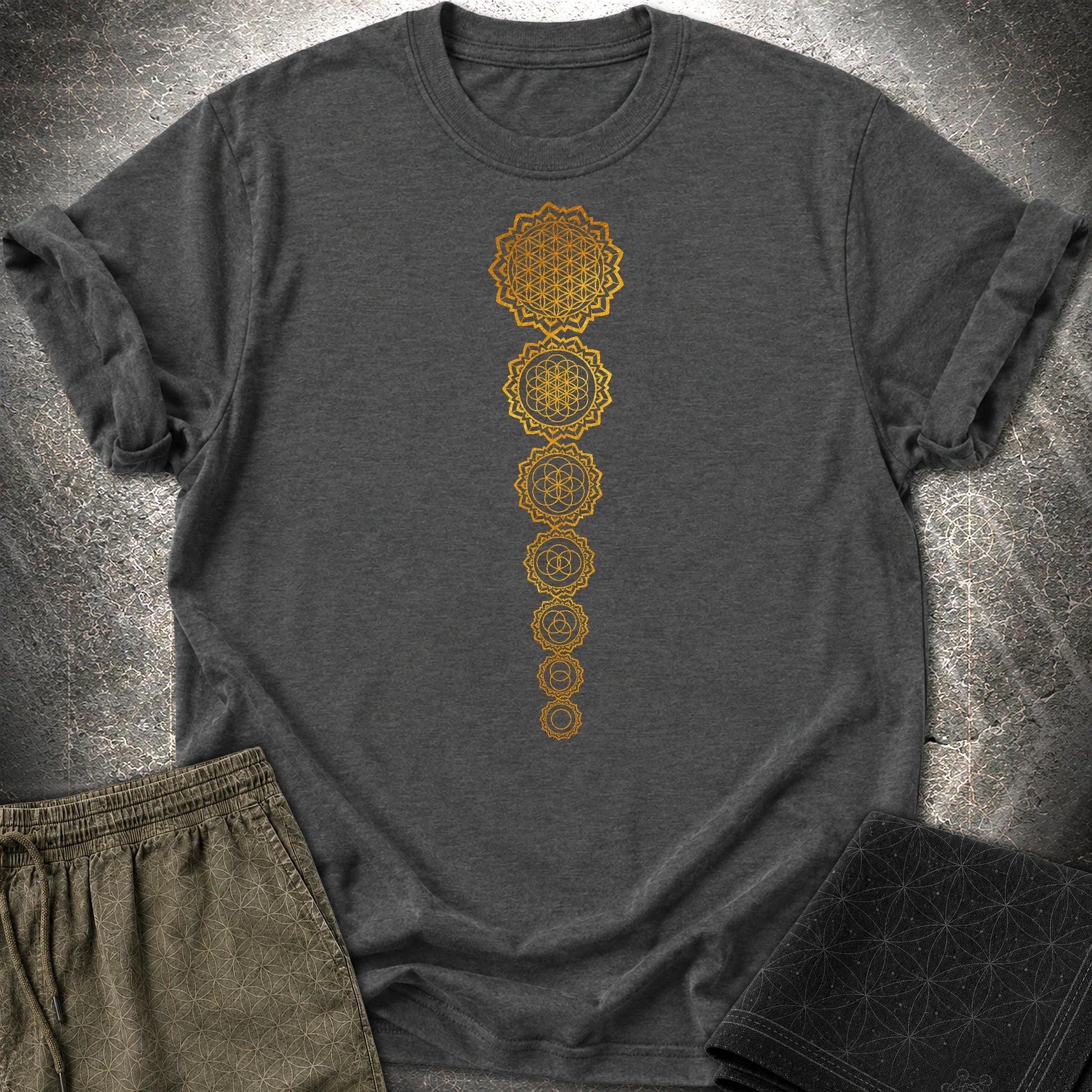 Gold Flower Of lIfe Chakras T-Shirt - Gold Flower Of lIfe Chakras T-Shirt - Dark Heather Grey