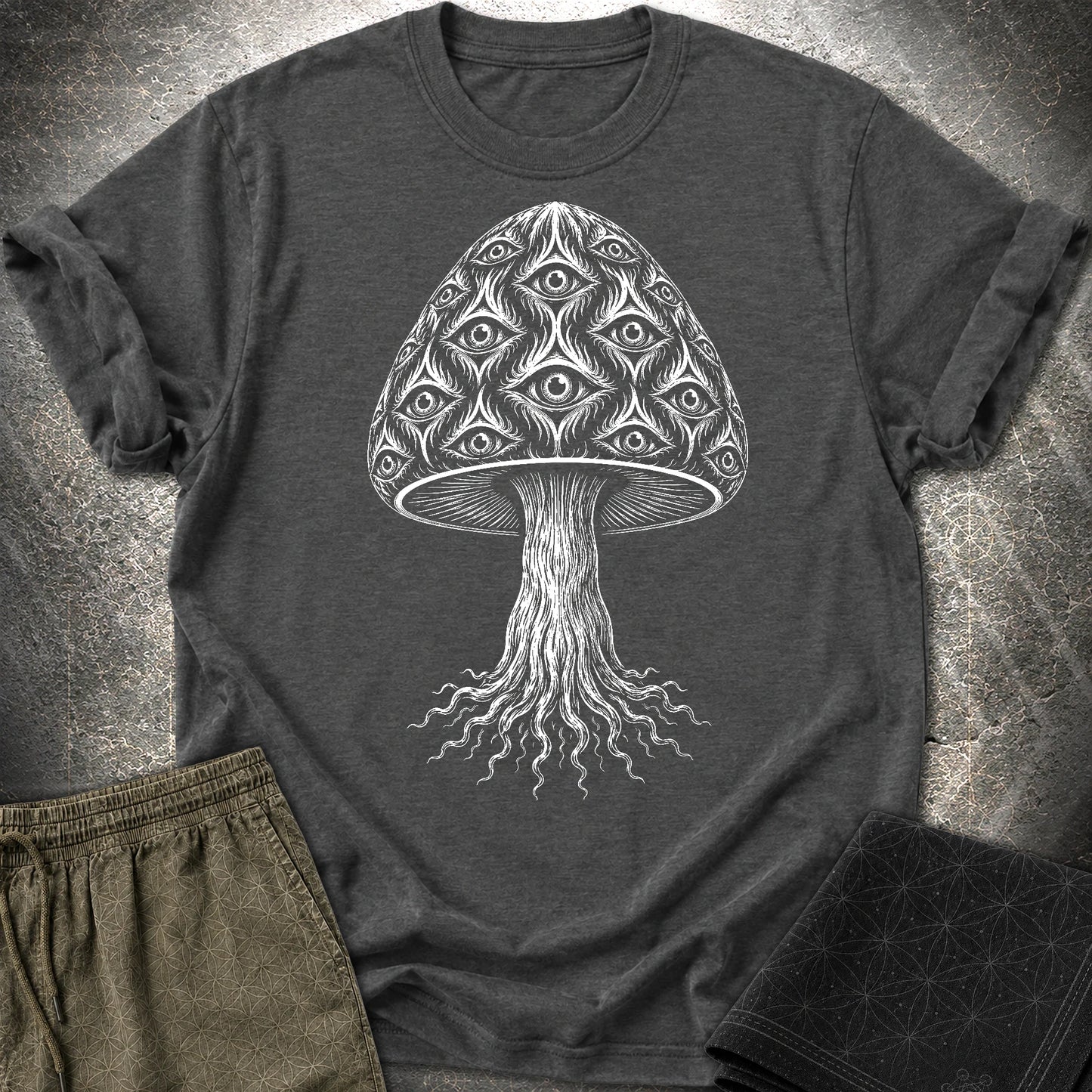 All-Seeing Mushroom - All-Seeing Mushroom T-Shirt - Dark Heather Grey