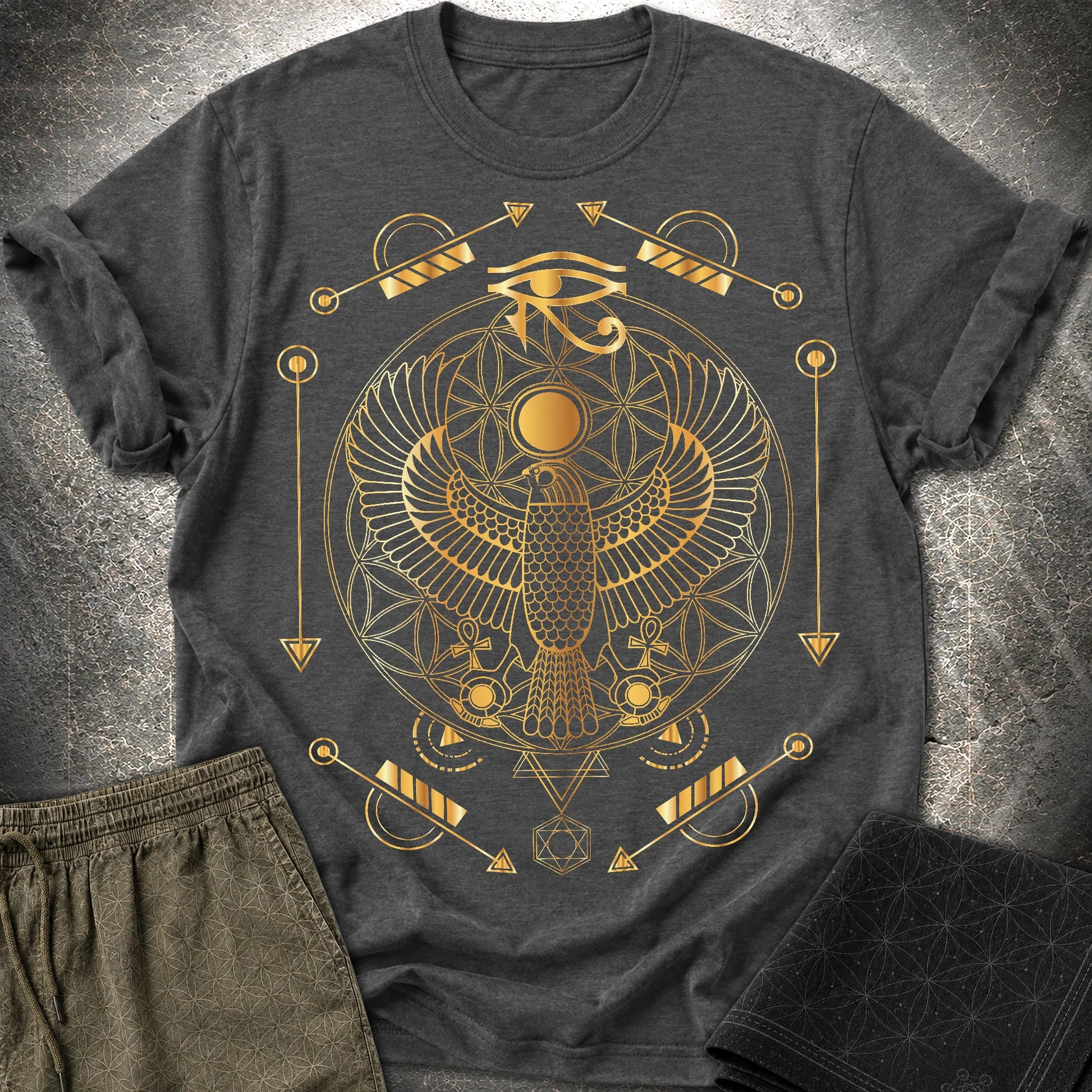 Falcon Flower Of Life Egypt T-Shirt - Falcon Flower Of Life Egypt T-Shirt - Dark Heather Grey