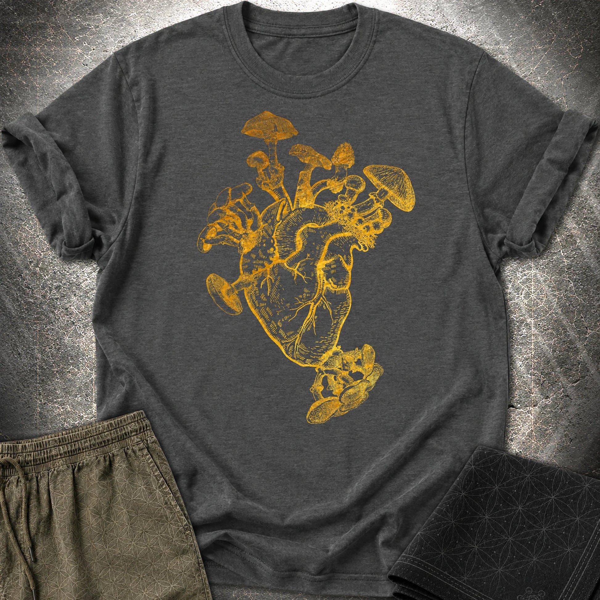 Mushroom Heart Gold T-Shirt - Mushroom Heart Gold T-Shirt - Dark Heather Grey
