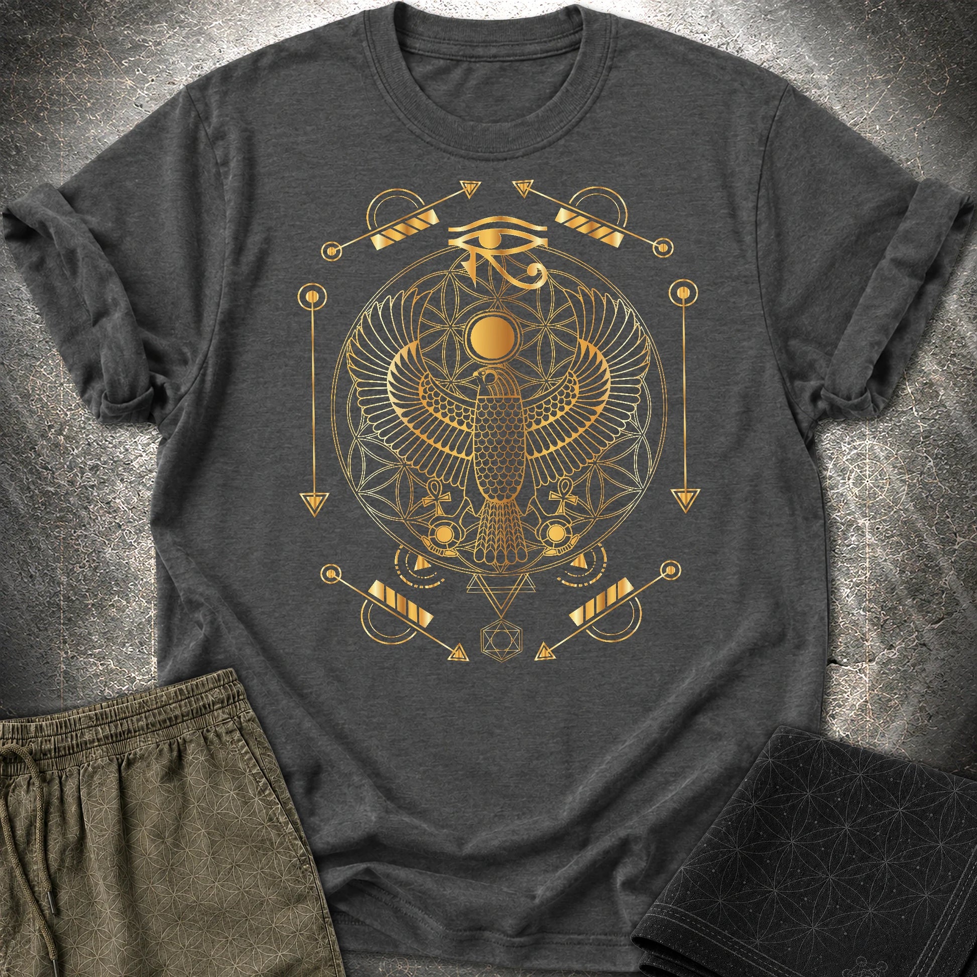 Falcon Flower Of Life Egypt T-Shirt - Falcon Flower Of Life Egypt T-Shirt - Dark Heather Grey