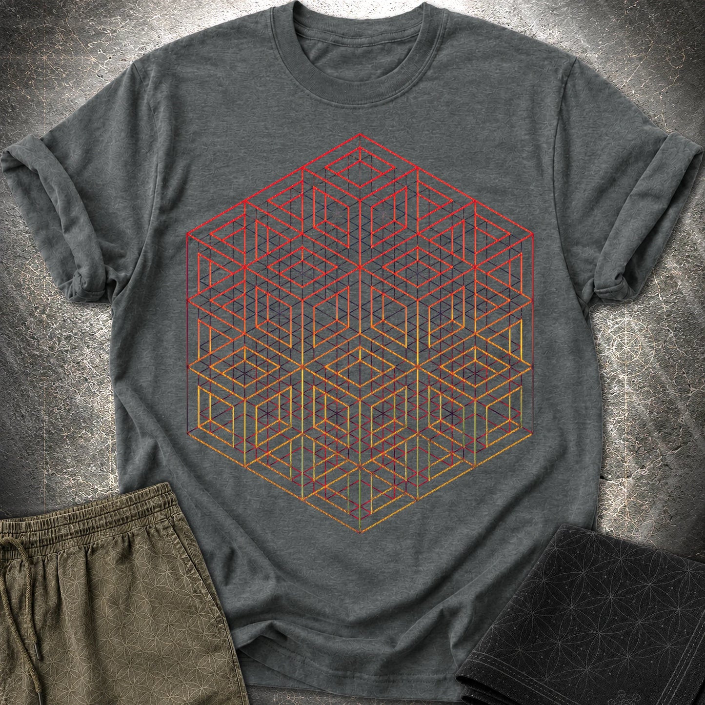3D Wireframe Cube T-Shirt - 3D Wireframe Cube T-Shirt - Dark Heather