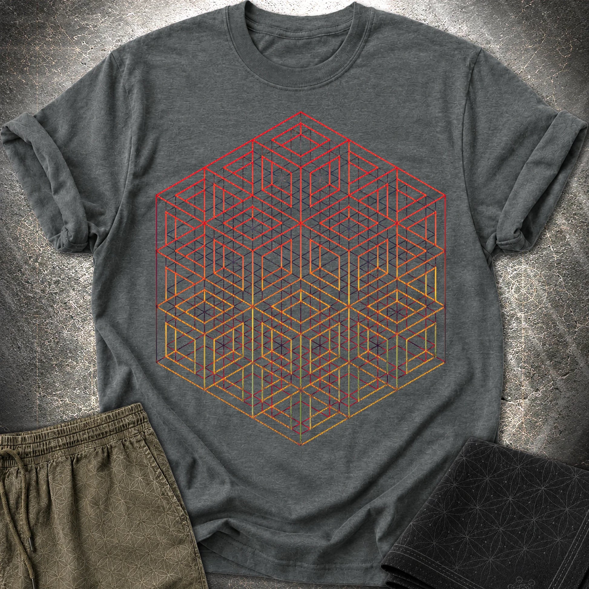 3D Wireframe Cube T-Shirt - 3D Wireframe Cube T-Shirt - Dark Heather