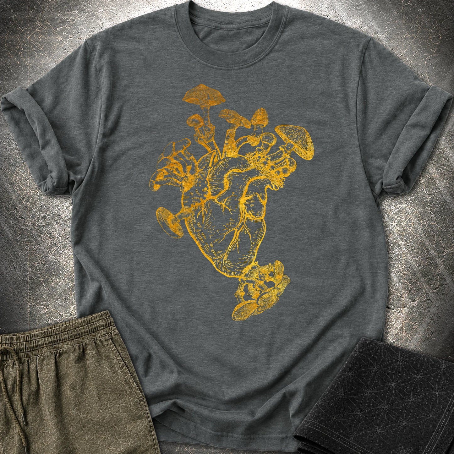 Mushroom Heart Gold T-Shirt - Mushroom Heart Gold T-Shirt - Dark Heather