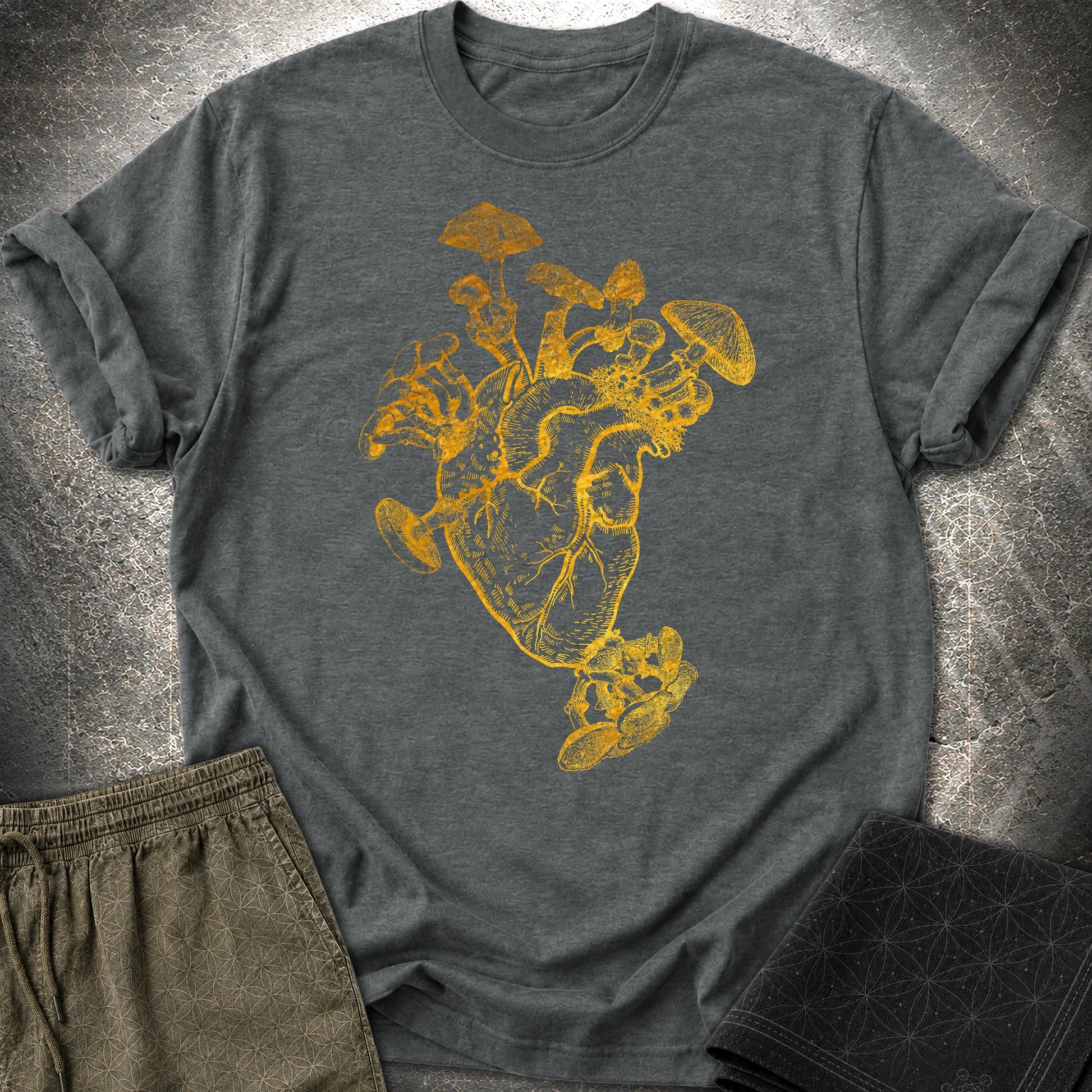 Mushroom Heart Gold T-Shirt - Mushroom Heart Gold T-Shirt - Dark Heather