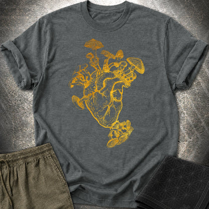 Mushroom Heart Gold T-Shirt - Mushroom Heart Gold T-Shirt - Dark Heather