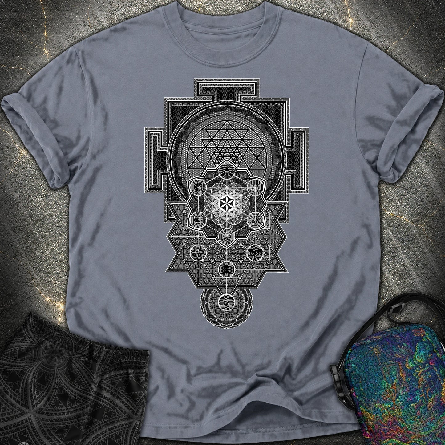 Sri Yantra Intricate Sacred Patterns Comfort T-Shirt - Sri Yantra Intricate Sacred Patterns Comfort T-Shirt - Denim
