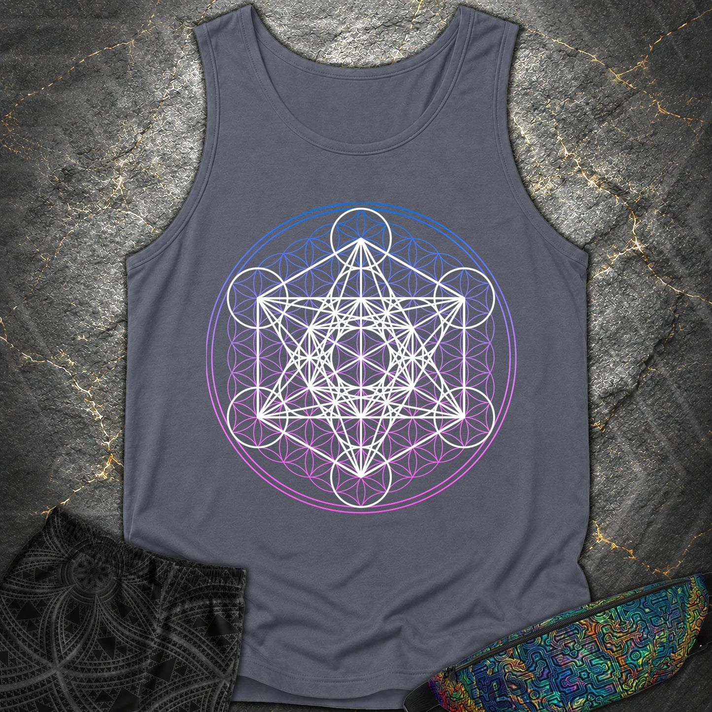 White Metatron Gradient Flower T-Shirt - White Metatron Gradient Flower Comfort Tank Top - Denim