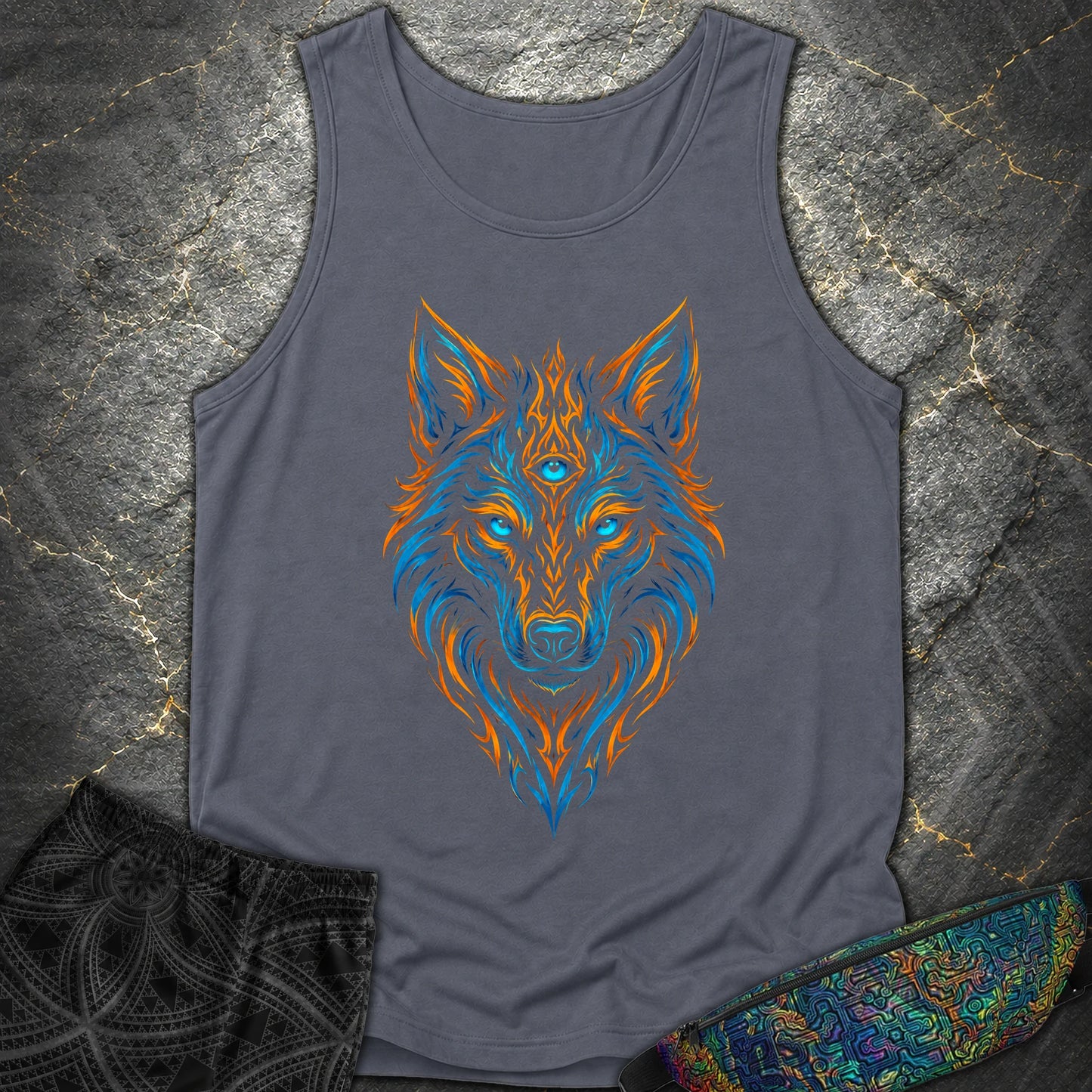 Mystic Tribal Wolf Comfort Tank Top - Mystic Tribal Wolf Comfort Tank Top - Denim