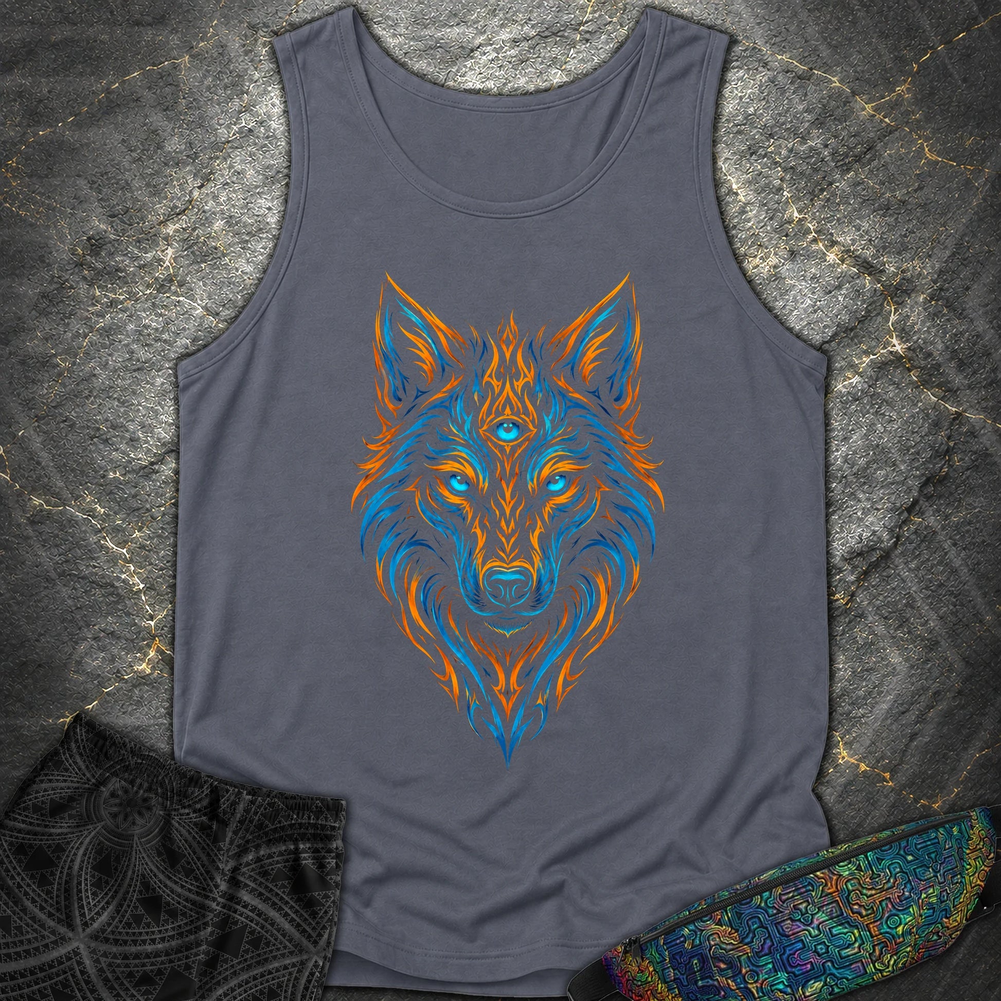 Mystic Tribal Wolf Comfort Tank Top - Mystic Tribal Wolf Comfort Tank Top - Denim