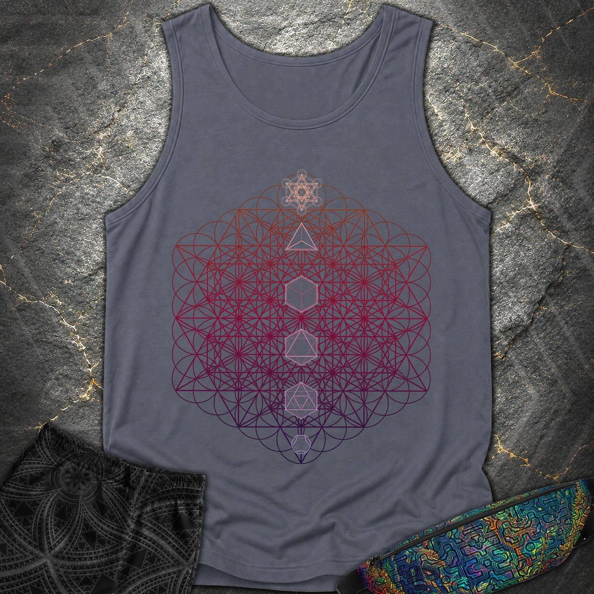 64 Tetrahedron Platonic Solids Metatron - 64 Tetrahedron Platonic Solids Metatron Tank Top - Denim