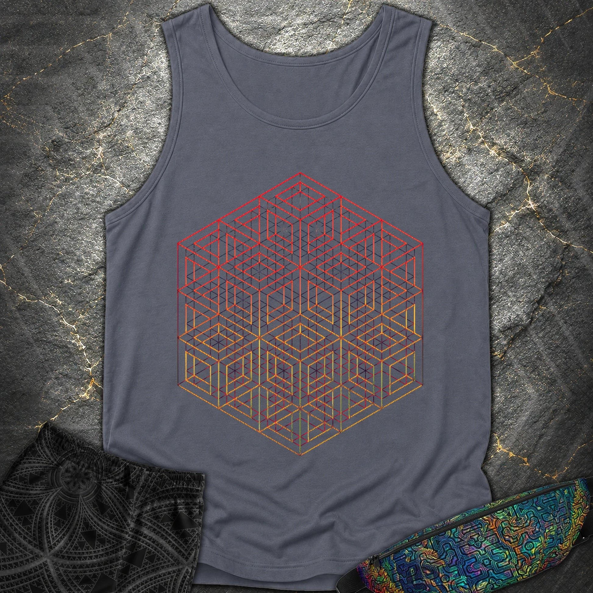 3D Wireframe Cube T-Shirt - 3D Wireframe Cube Comfort Tank Top - Denim