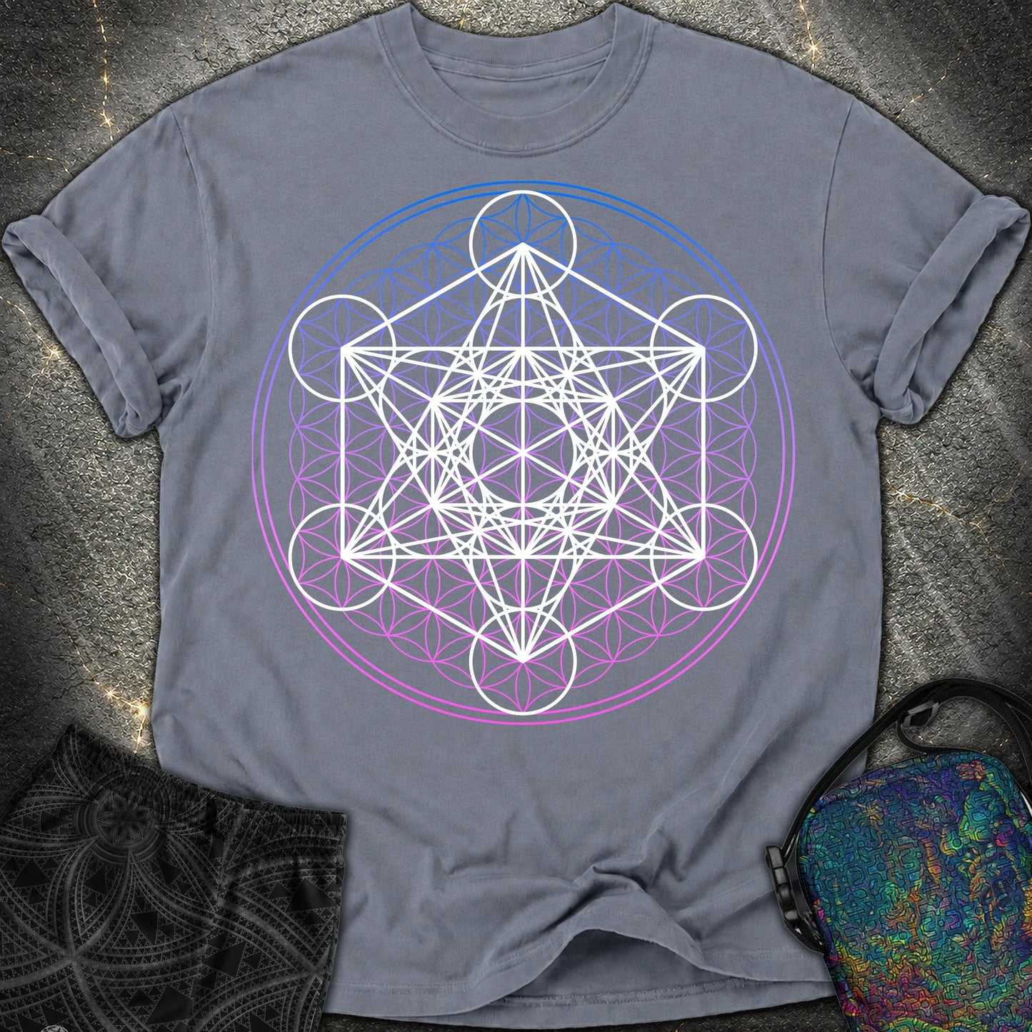 White Metatron Gradient Flower T-Shirt - White Metatron Gradient Flower Comfort T-Shirt - Denim