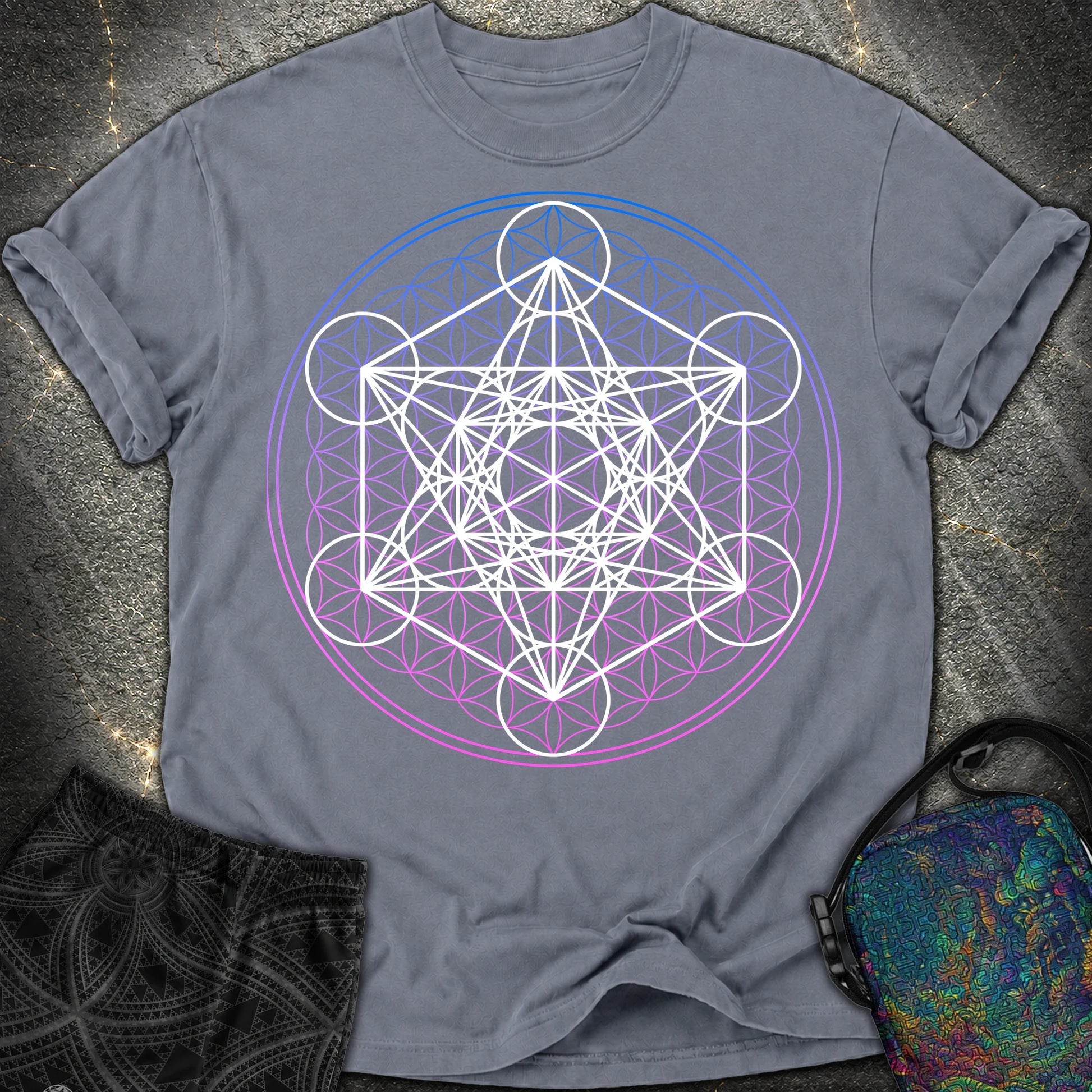 White Metatron Gradient Flower T-Shirt - White Metatron Gradient Flower Comfort T-Shirt - Denim