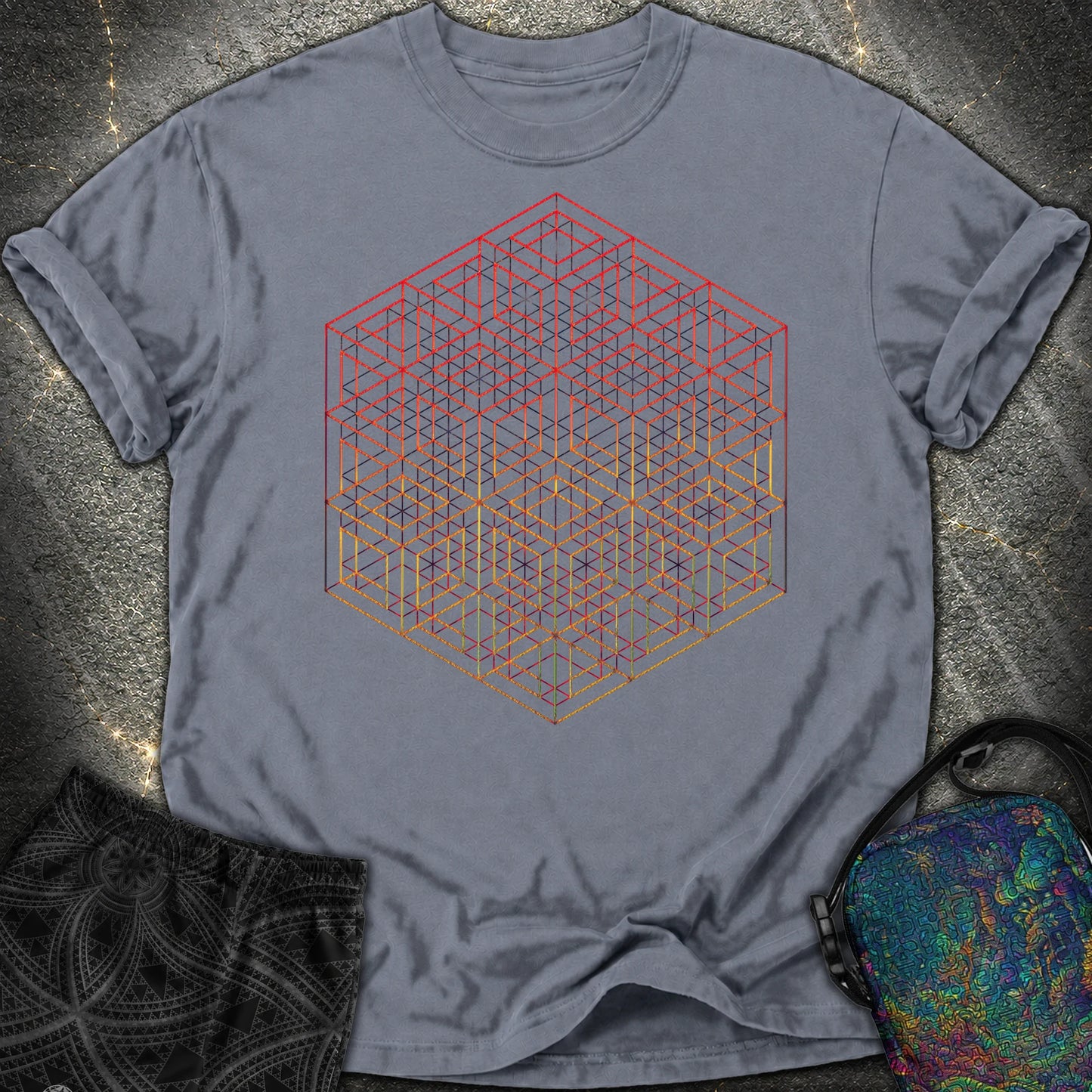 3D Wireframe Cube Comfort T-Shirt - 3D Wireframe Cube Comfort T-Shirt - Denim