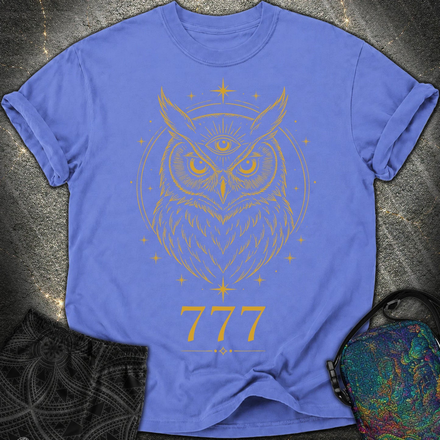 777 Mystic Owl Comfort T-Shirt - 777 Mystic Owl Comfort T-Shirt - Flo Blue
