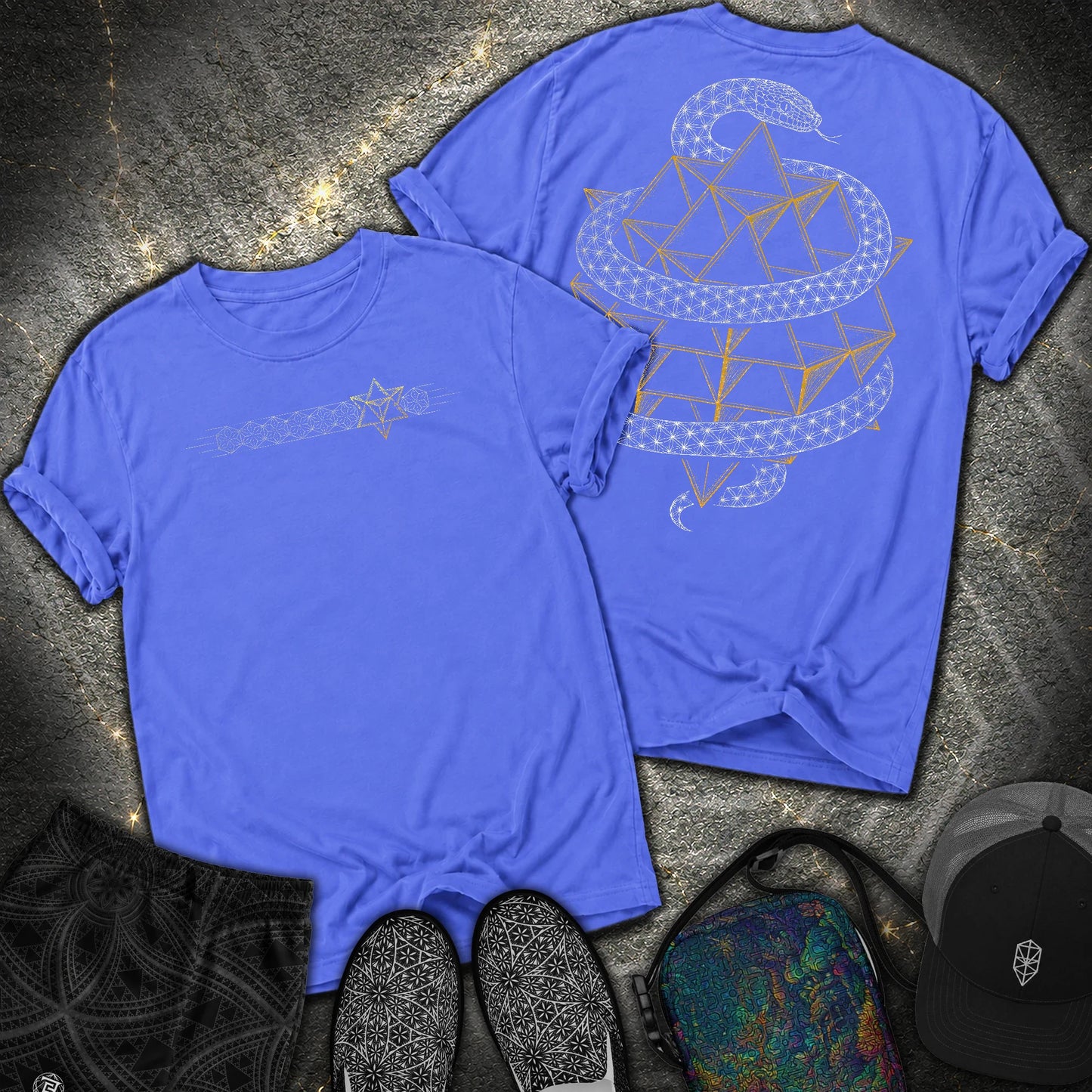 Serpent Tetrahedron Merkaba Geometry 2 Sided Comfort T-Shirt - Serpent Tetrahedron Merkaba Geometry 2 Sided Comfort T-Shirt - Flo Blue