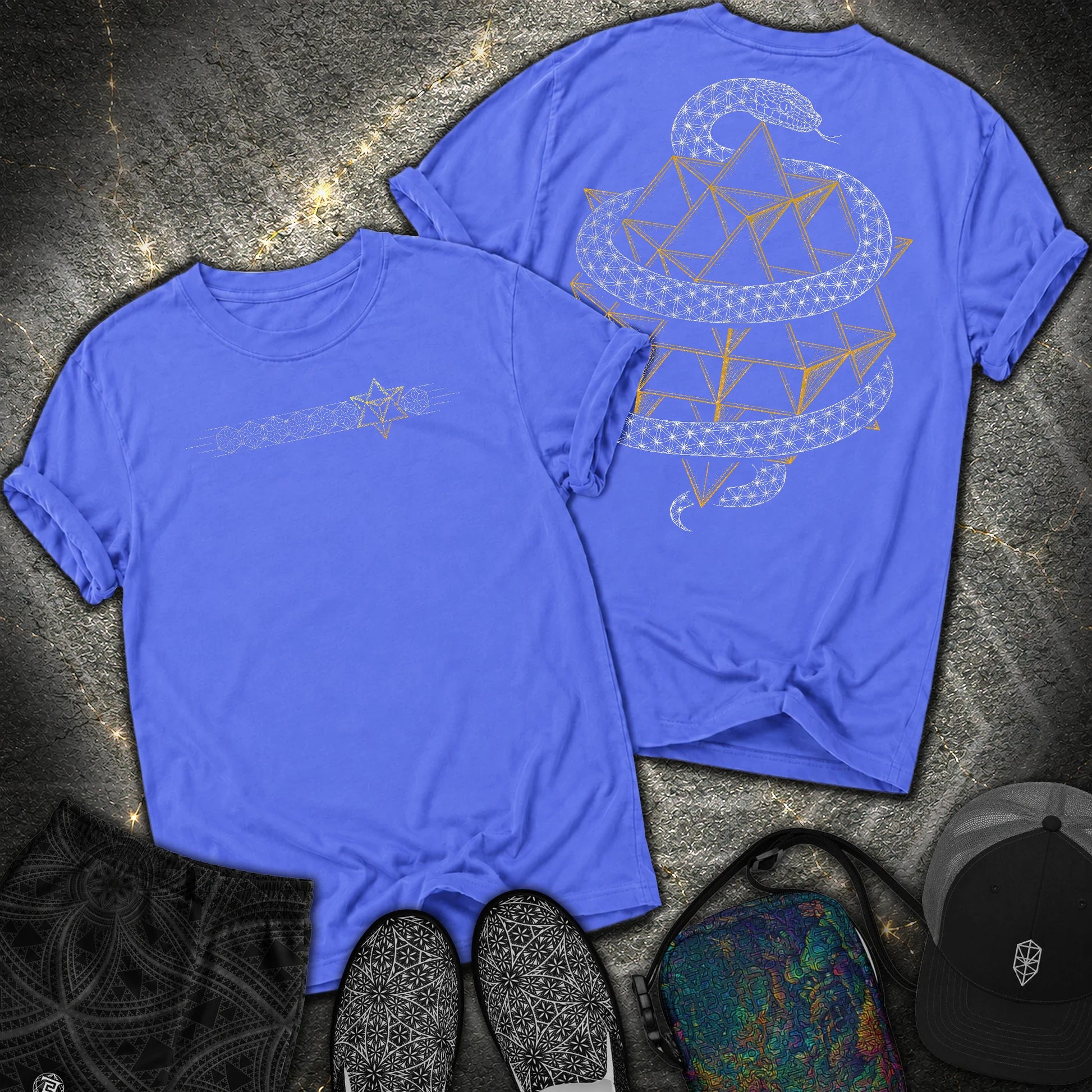 Serpent Tetrahedron Merkaba Geometry 2 Sided Comfort T-Shirt - Serpent Tetrahedron Merkaba Geometry 2 Sided Comfort T-Shirt - Flo Blue