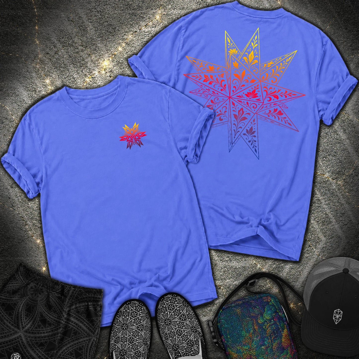 Colorful Stellated Dodecahedron 2 Sided Comfort T-Shirt - Colorful Stellated Dodecahedron 2 Sided Comfort T-Shirt - Flo Blue