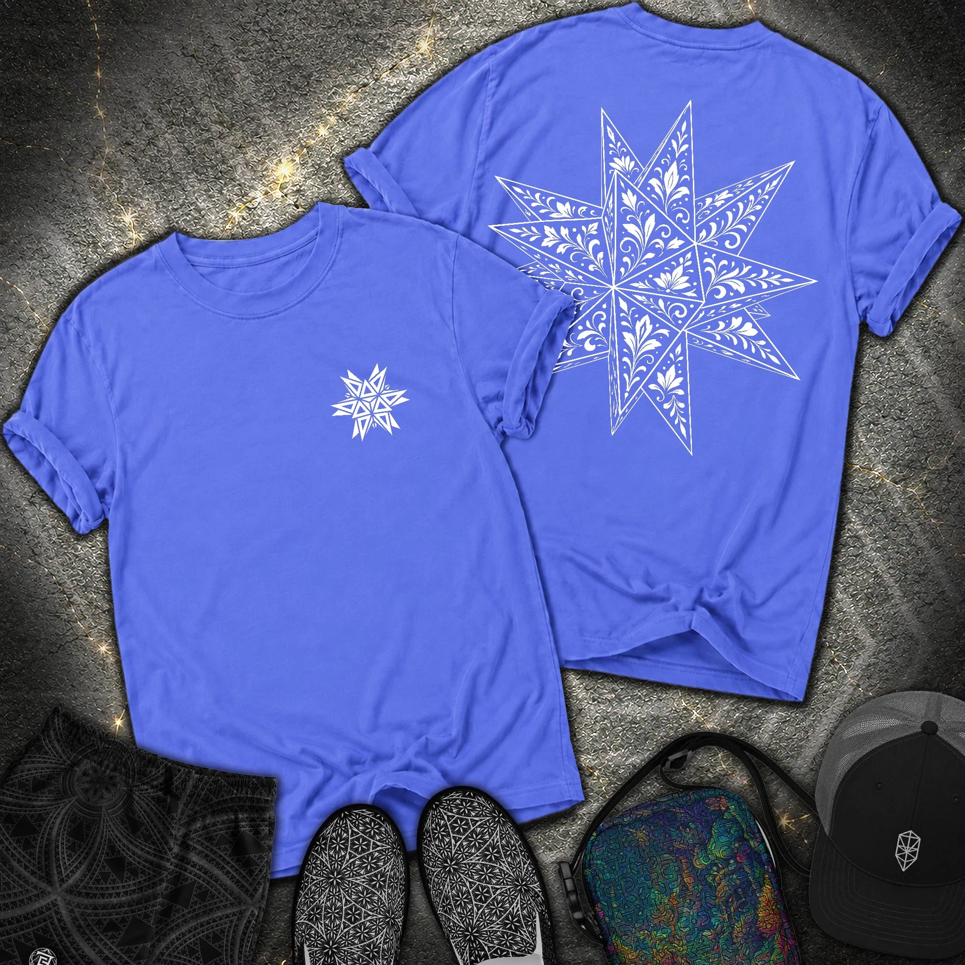 White Floral Stellated Dodecahedron 2 Sided Comfort T-Shirt - White Floral Stellated Dodecahedron 2 Sided Comfort T-Shirt - Flo Blue