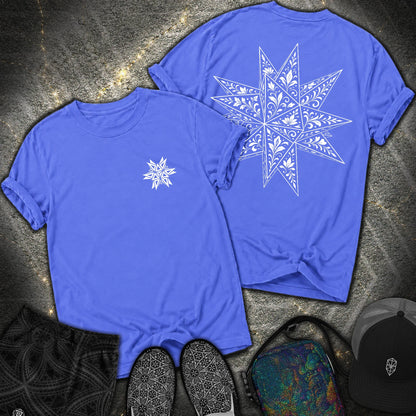 White Floral Stellated Dodecahedron 2 Sided Comfort T-Shirt - White Floral Stellated Dodecahedron 2 Sided Comfort T-Shirt - Flo Blue