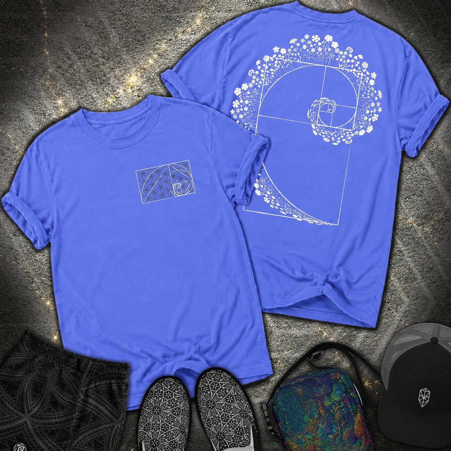 Floral Golden Ratio Spiral 2 Sided Comfort T-Shirt - Floral Golden Ratio Spiral 2 Sided Comfort T-Shirt - Flo Blue