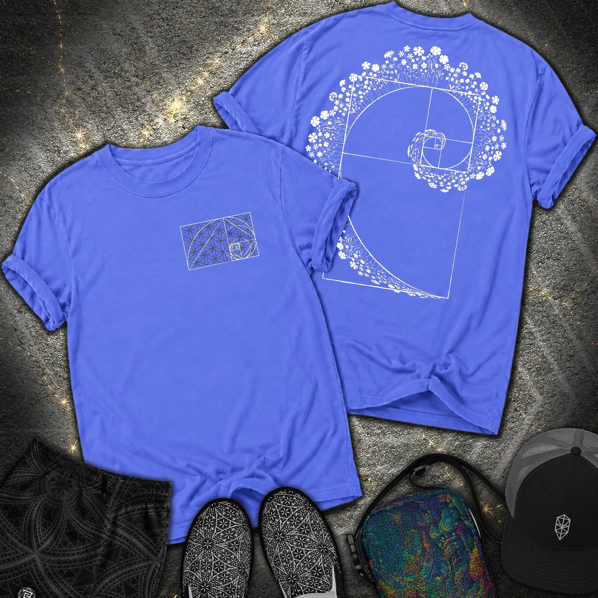 Floral Golden Ratio Spiral 2 Sided Comfort T-Shirt - Floral Golden Ratio Spiral 2 Sided Comfort T-Shirt - Flo Blue