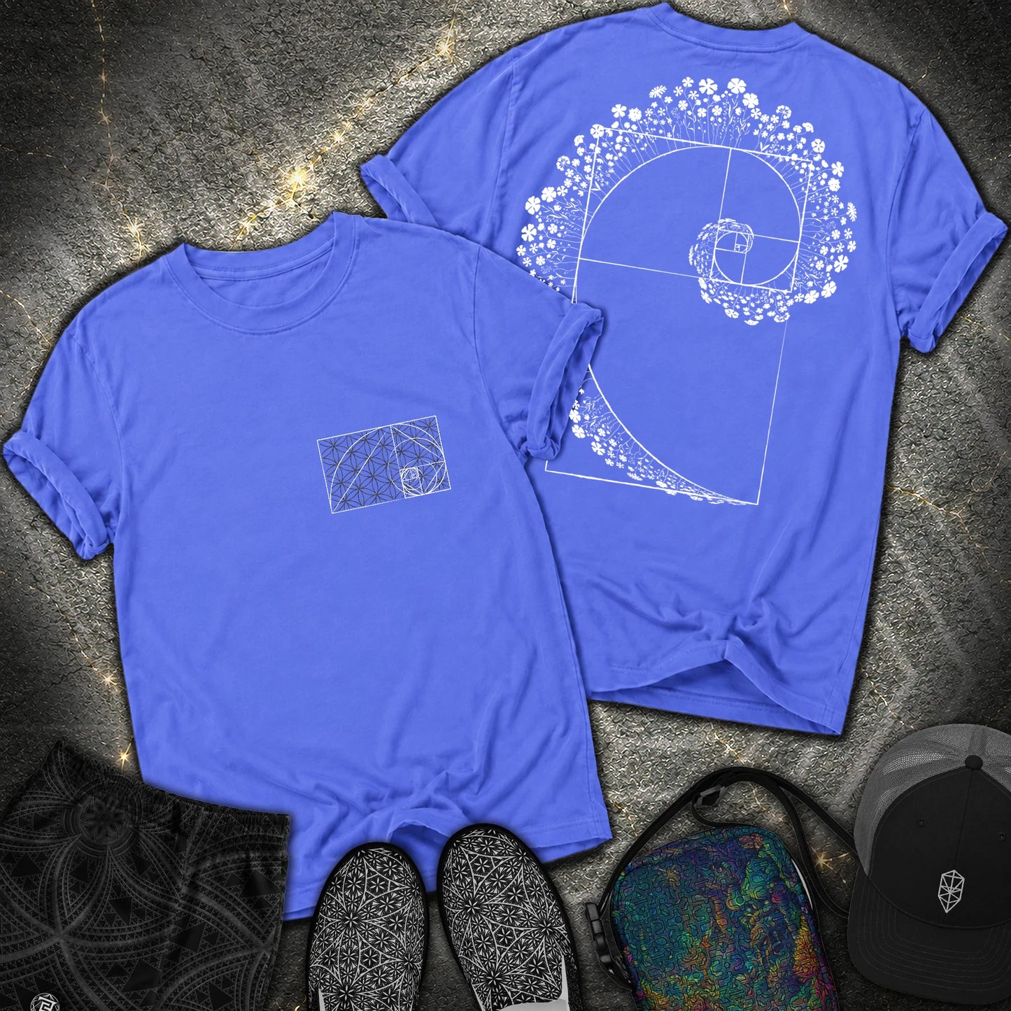 Floral Golden Ratio Spiral 2 Sided T-Shirt - Floral Golden Ratio Spiral 2 Sided Comfort T-Shirt - Flo Blue