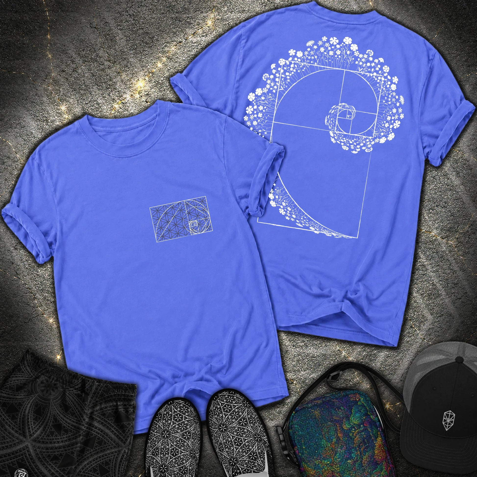 Floral Golden Ratio Spiral 2 Sided T-Shirt - Floral Golden Ratio Spiral 2 Sided Comfort T-Shirt - Flo Blue
