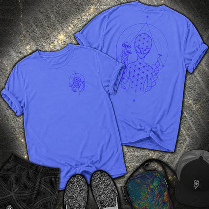 Alien Mushroom Shirt, Sacred Geometry Mushroom Alien 2 Sided T-Shirt - Alien Mushroom Shirt, Sacred Geometry Mushroom Alien 2 Sided Comfort T-Shirt - Flo Blue