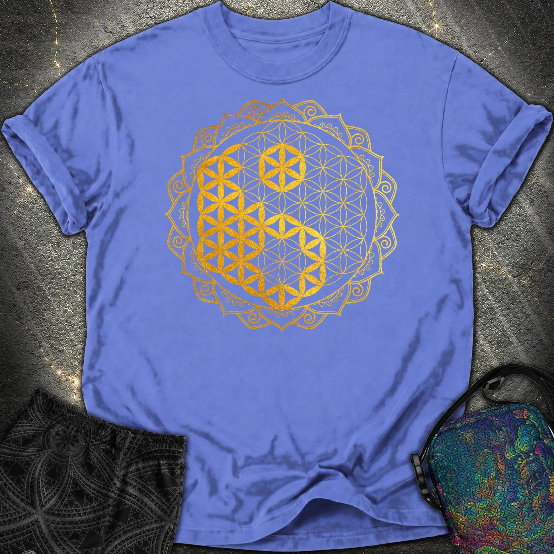 Yin Yang Gold Mandala Comfort T-Shirt - Yin Yang Gold Mandala Comfort T-Shirt - Flo Blue