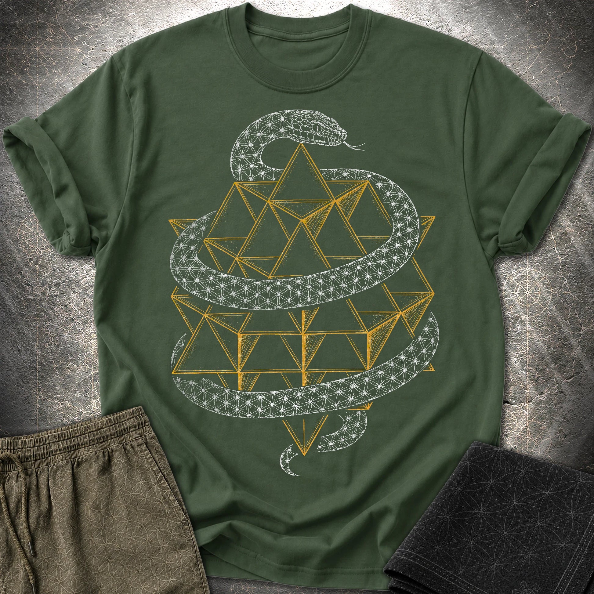 Serpent Tetrahedron Merkaba Geometry - Serpent Tetrahedron Merkaba Geometry T-Shirt - Forest Green