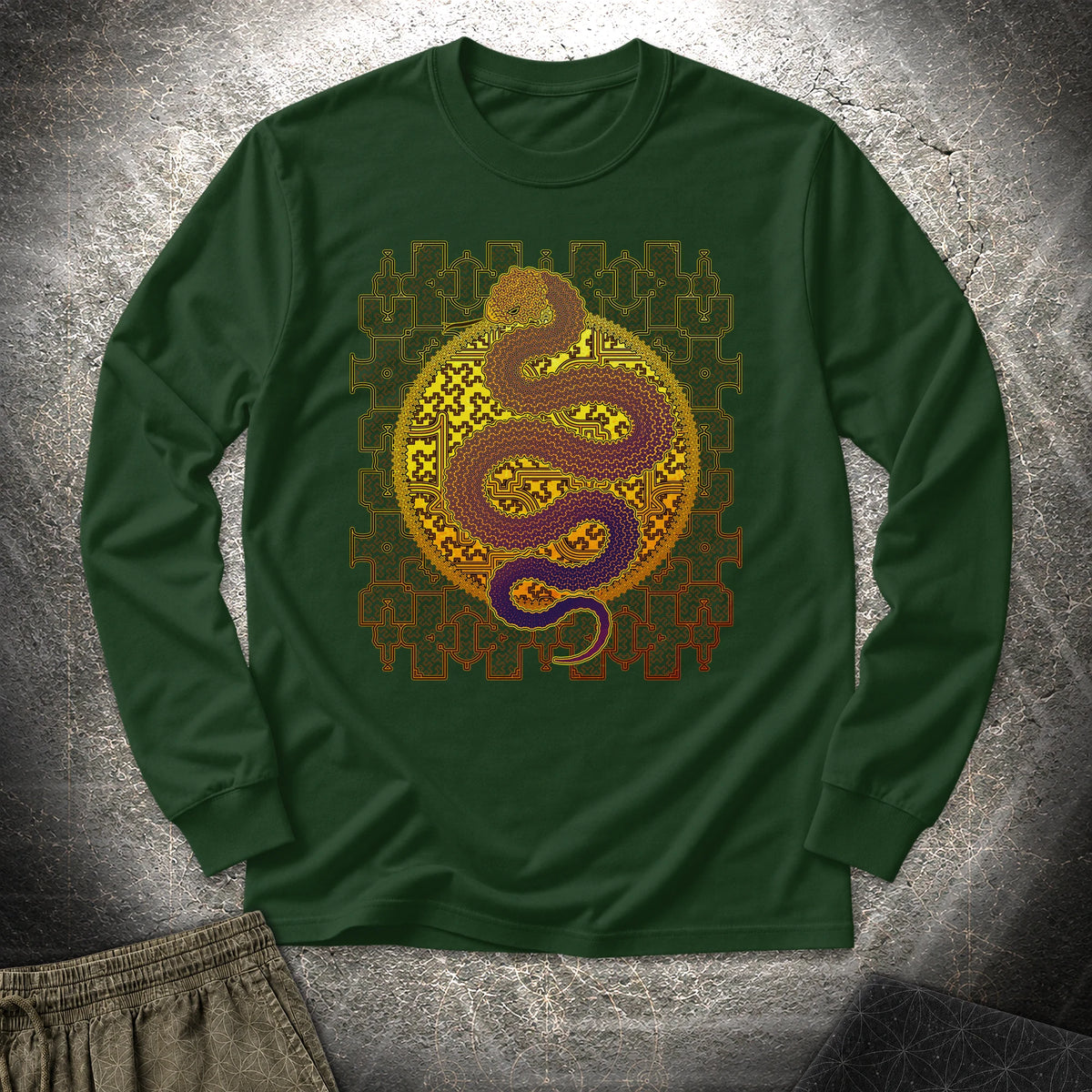 Shipibo Kene Cosmic Snake - Shipibo Kene Cosmic Snake Long Sleeve Shirt - Forest Green