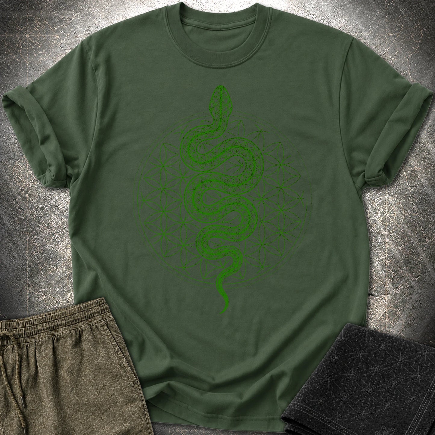 Flower of Life Serpent T-Shirt - Flower of Life Serpent T-Shirt - Forest Green