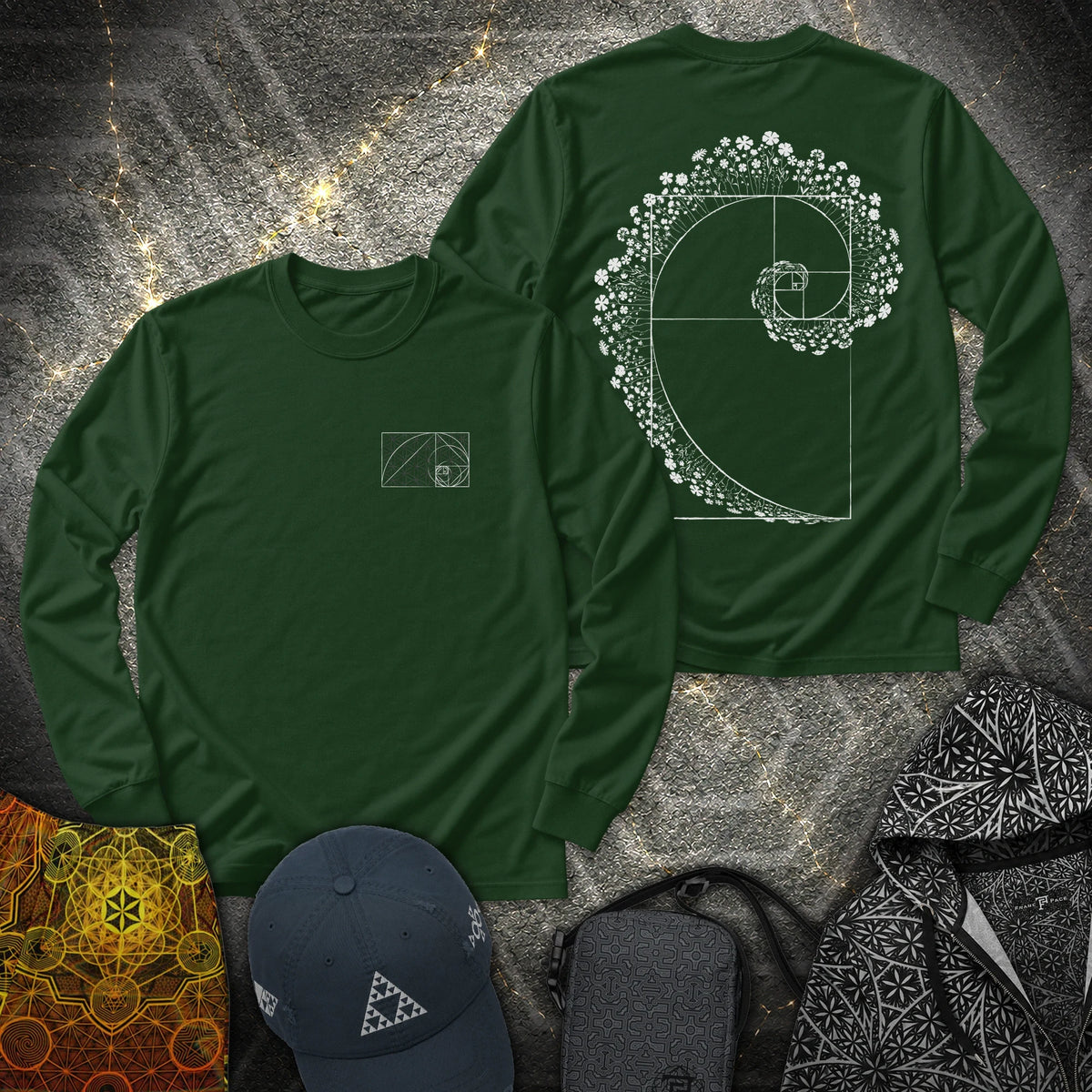 Floral Golden Ratio Spiral 2 Sided - Floral Golden Ratio Spiral 2 Sided Long Sleeve Shirt - Forest Green