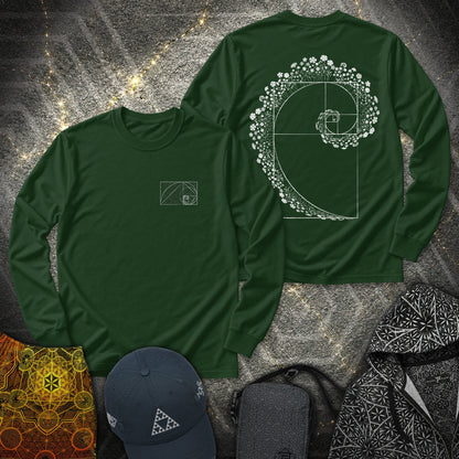 Floral Golden Ratio Spiral 2 Sided - Floral Golden Ratio Spiral 2 Sided Long Sleeve Shirt - Forest Green
