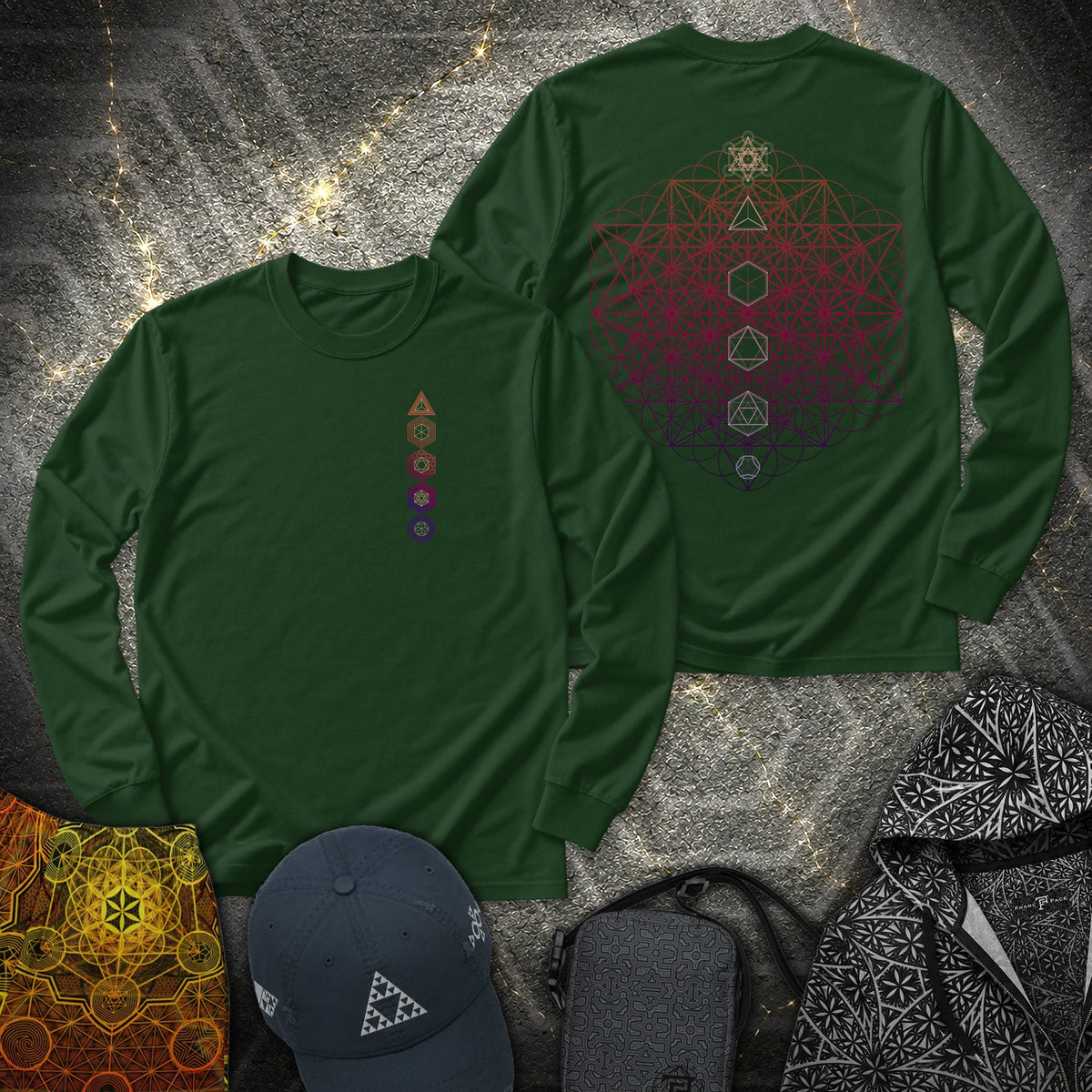 64 Tetrahedron Platonic Solids Metatron 2 Sided - 64 Tetrahedron Platonic Solids Metatron 2 Sided Long Sleeve Shirt - Forest Green