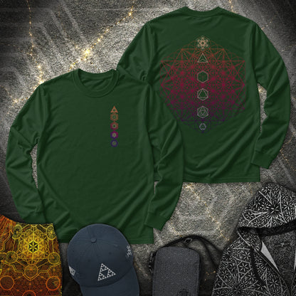 64 Tetrahedron Platonic Solids Metatron 2 Sided - 64 Tetrahedron Platonic Solids Metatron 2 Sided Long Sleeve Shirt - Forest Green