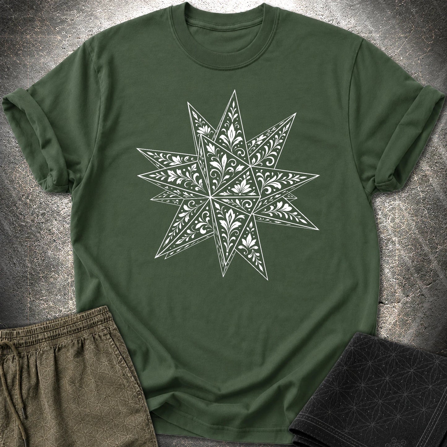 White Floral Stellated Dodecahedron T-Shirt - White Floral Stellated Dodecahedron T-Shirt - Forest Green