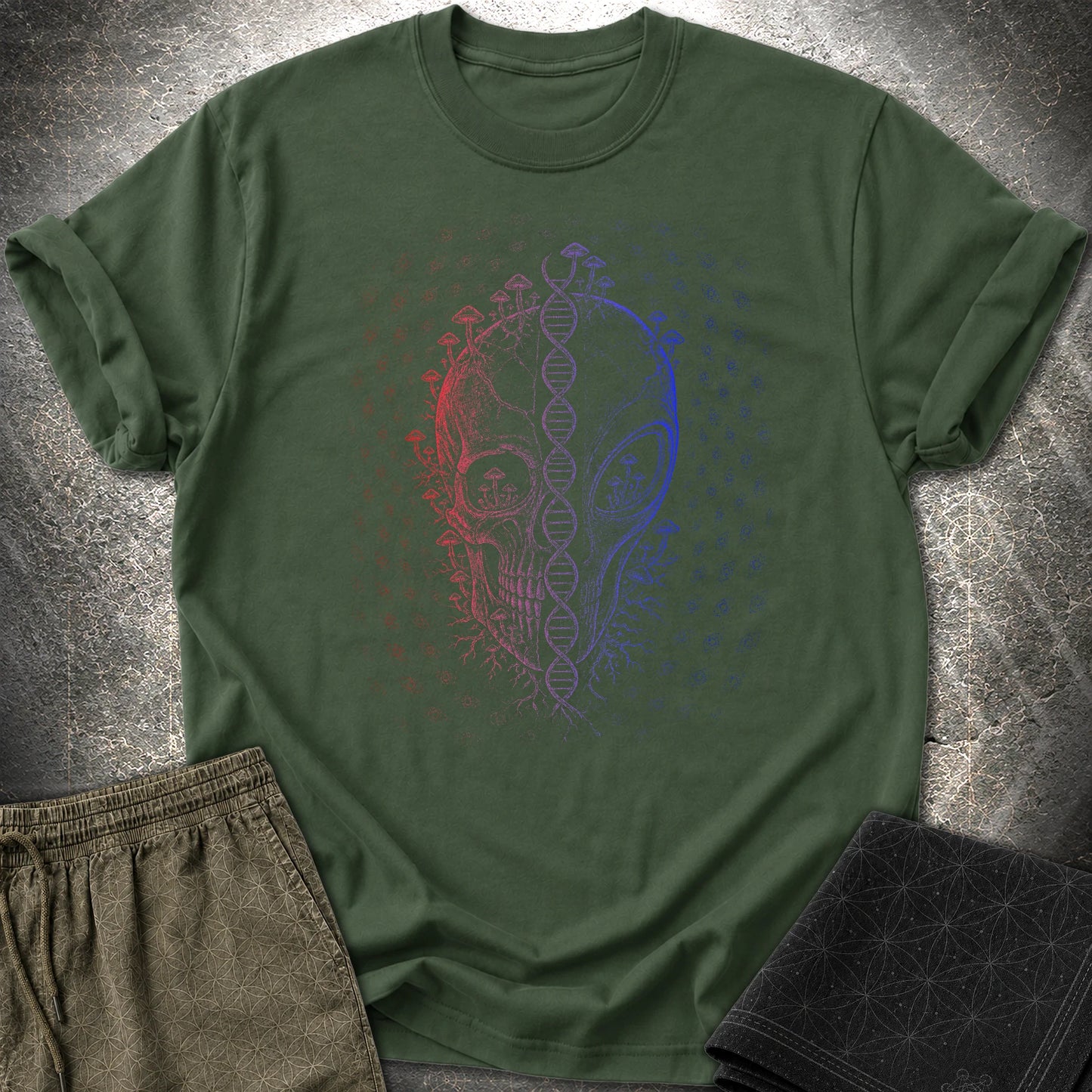 Alien Skull Cosmic Fungi T-Shirt - Alien Skull Cosmic Fungi T-Shirt - Forest Green