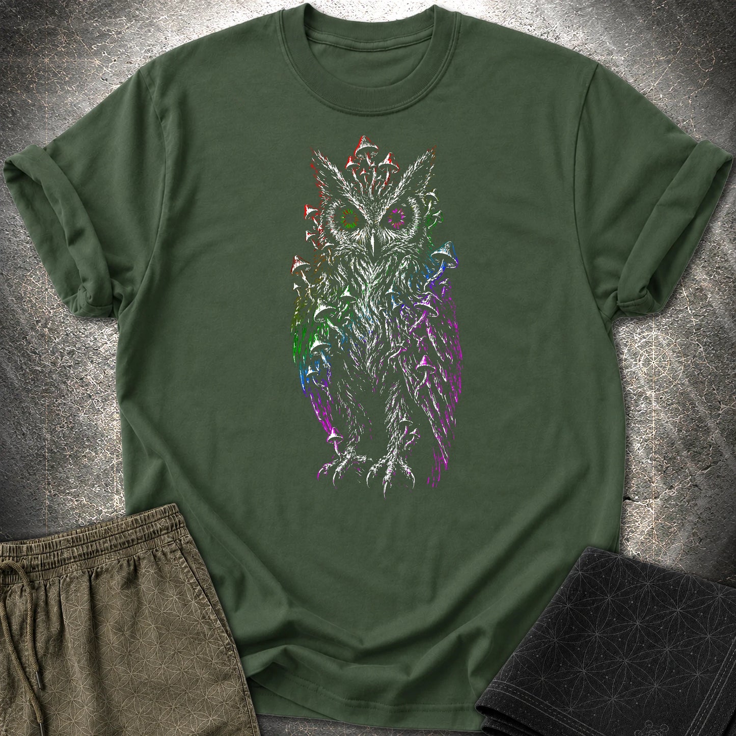 Trippy Mushroom Owl T-Shirt - Trippy Mushroom Owl T-Shirt - Forest Green