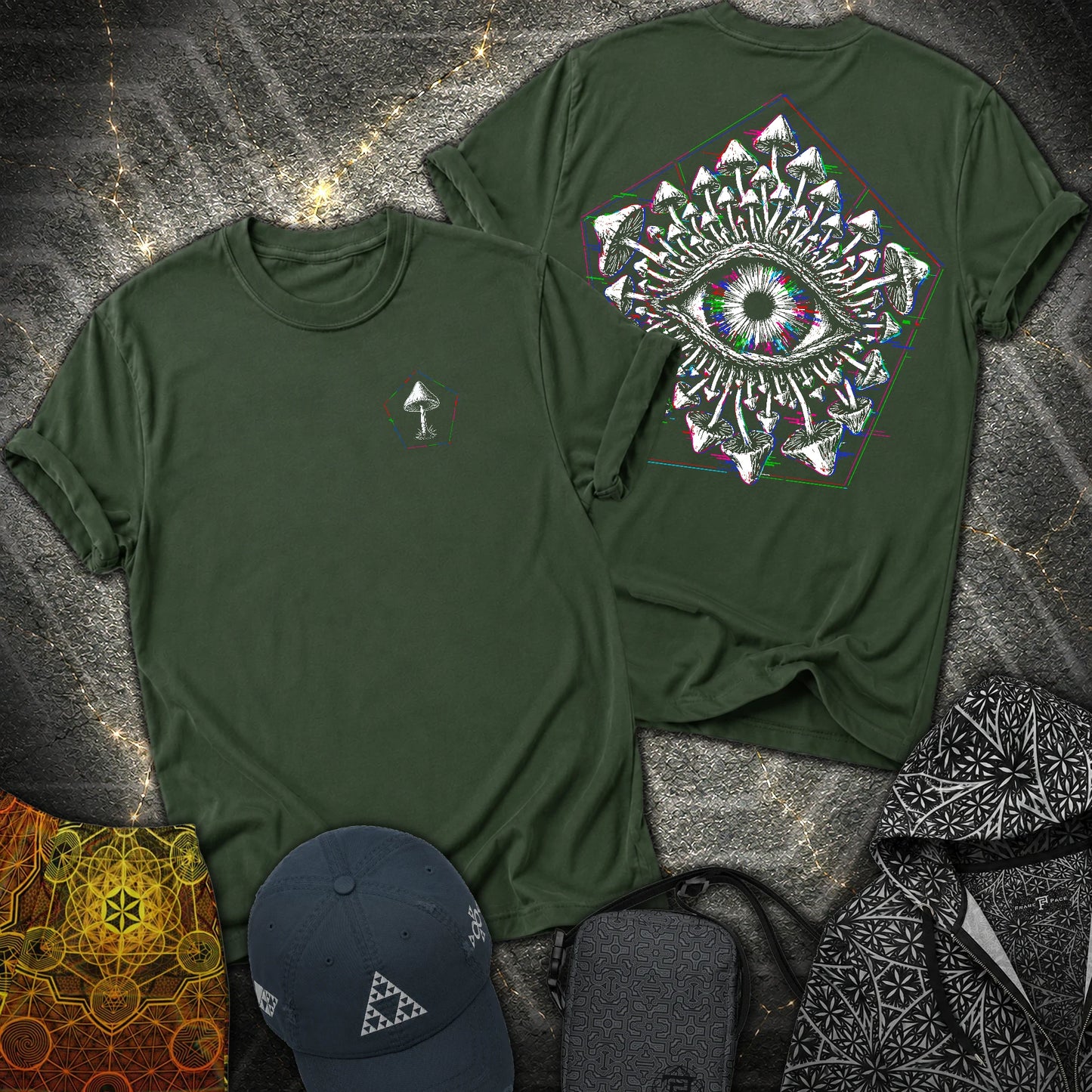 Third Eye Mushroom Front Back 2 Sided T-Shirt - Third Eye Mushroom Front Back 2 Sided T-Shirt - Forest Green